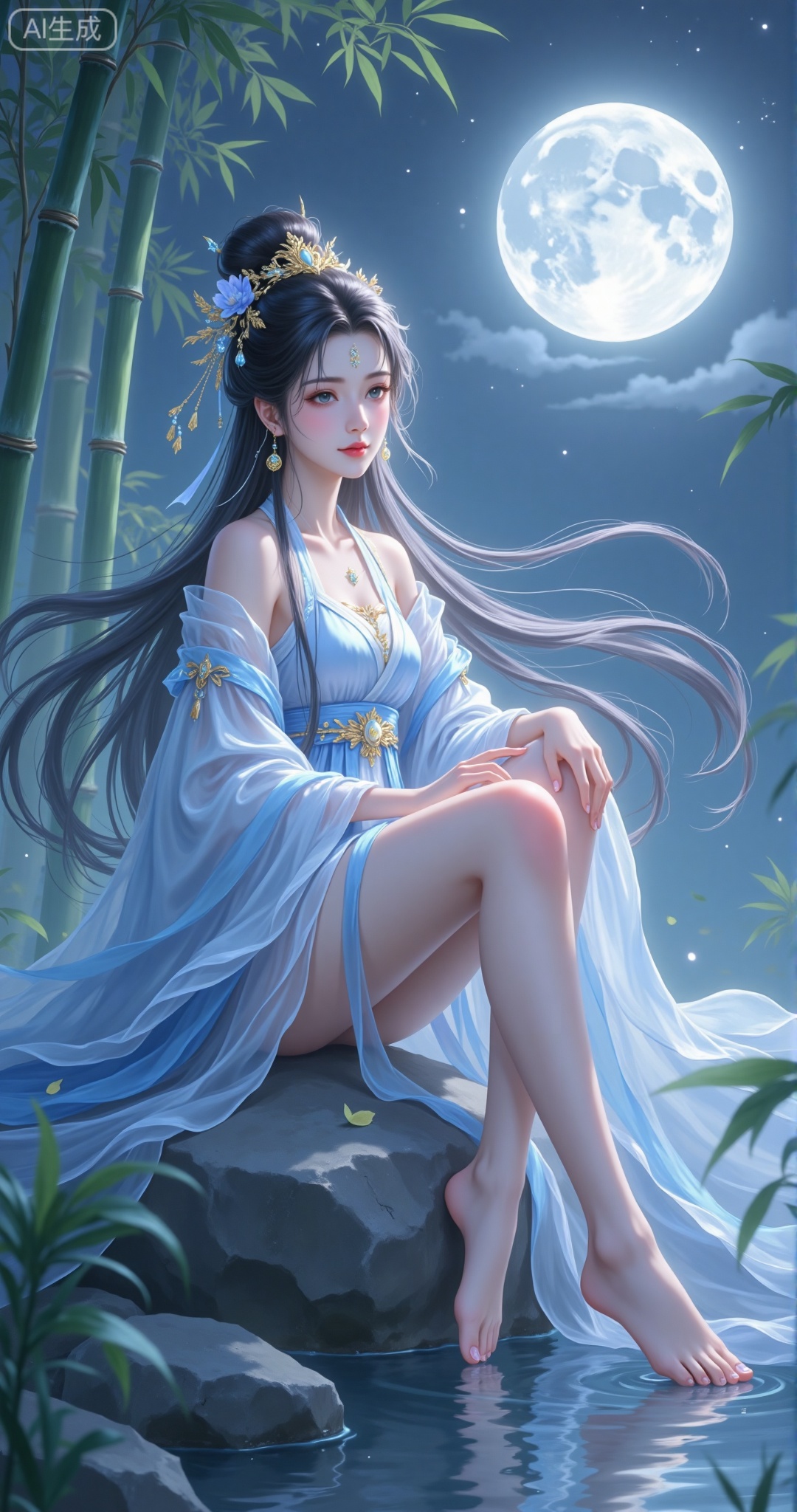 A serene night scene featuring Yan Fei, barefoot and sitting on a stone, her flowing long hair cascading gently. She wears classical Hanfu, her face showing a gentle and elegant expression. The background is bathed in faint moonlight, with elements of a bamboo forest surrounding her, creating a tranquil atmosphere under the bright moon of the Qin Dynasty.