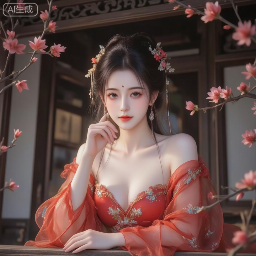 Ancient beauty, plump breasts, front, costumed red tulle outfit, flower embroidery, off-shoulder, headdress, jewelry, sweet smile, disheveled hair, messy hair, clear and slightly drunk makeup, smooth and delicate skin. A slim figure and a charming face that charms all living beings,
Lean on the window ridge, supporting your chin with one hand. Looking straight into the lens
Outdoor, eaves, dark wooden lofts, carved doors and windows, there are red plum branches above and below the picture.
The shot is taken through layers of red plum branches
Macro close-up, low angle upward, frame structure, blur, large aperture, ancient realistic style, light creates an atmosphere, high saturation tone, film-level light and shadow aesthetics. The picture style is photo, with a ratio of 9:16.
