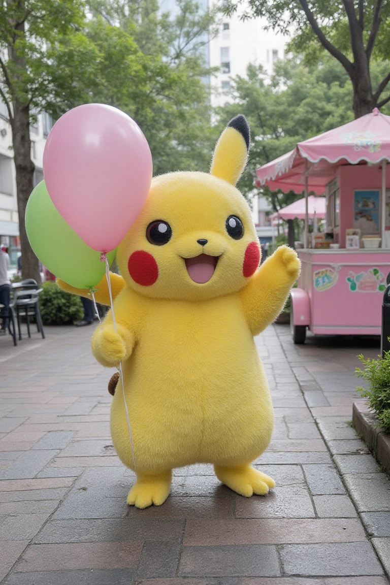 a fluffy live action pikachu walks at a walkway,  holds a balloon. pink ice cream stall on Tensor.Art