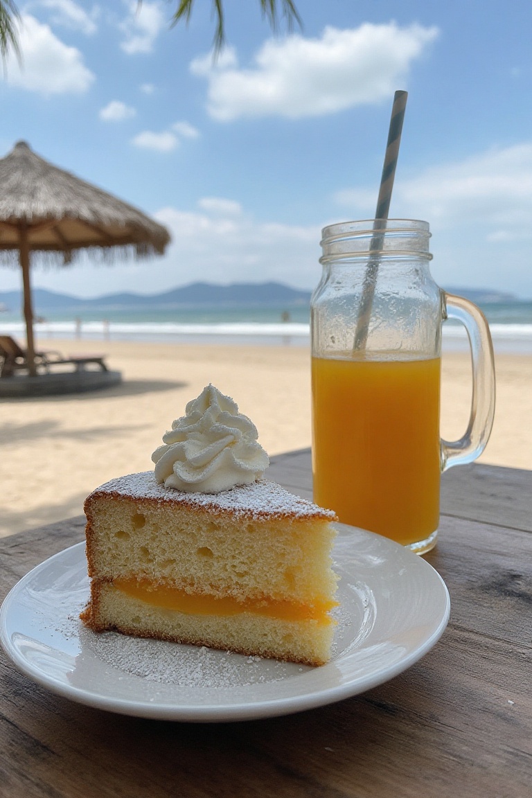 a slice of cake in a plate with orange juice on the table near a beach on Tensor.Art