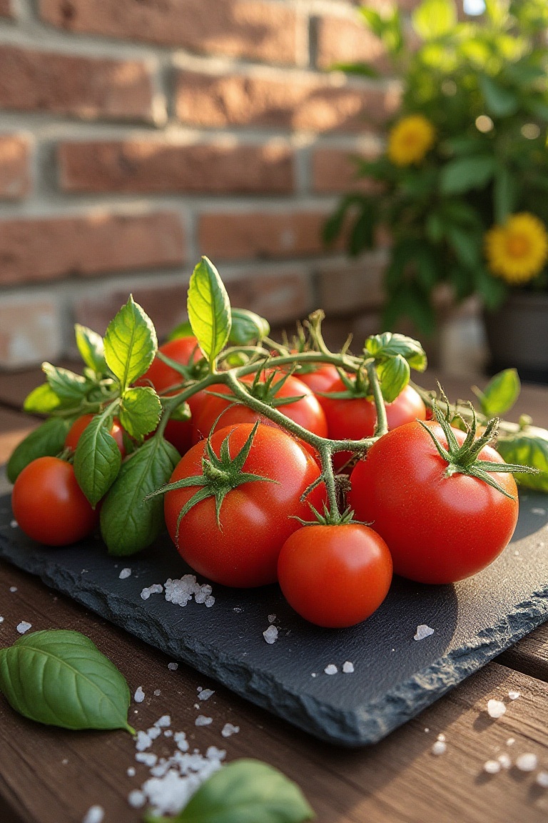 An eye-level straight-on perspective frames an arrangement of ripe heirloom tomatoes and fresh basil on a slate board. Gol...