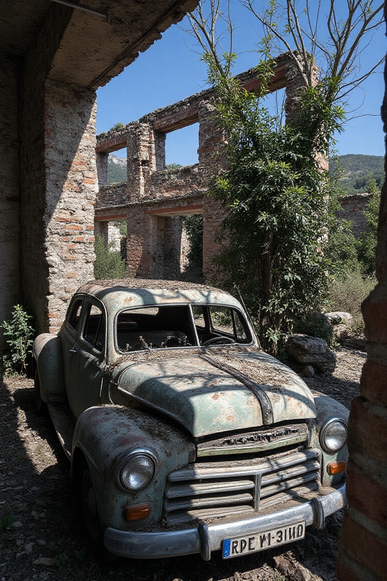 weathered,  dusty broken vintage car obscure by a darkshadow of teh wethered ruins of an old building,  hard shadow on Ten...