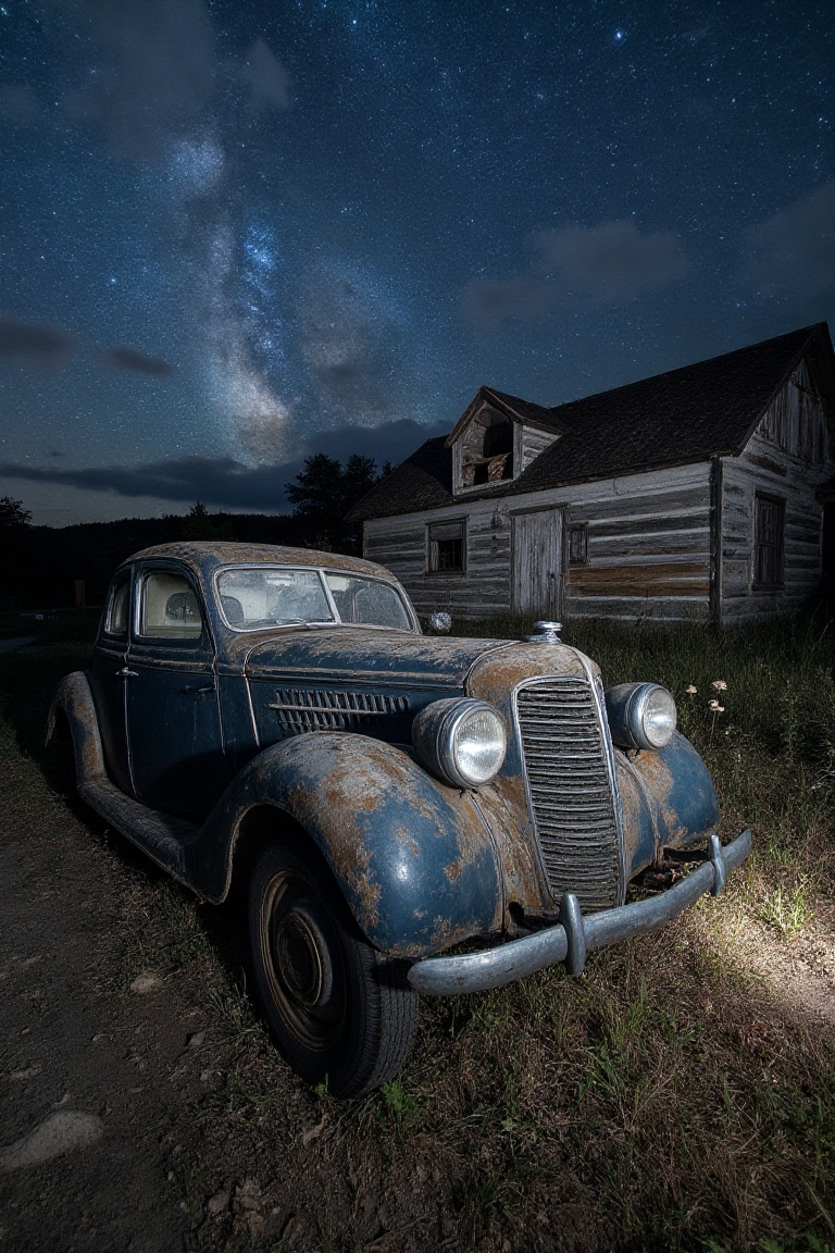 high angle,  ultra wide,  abandoned vintage car with flat tires on Tensor.Art