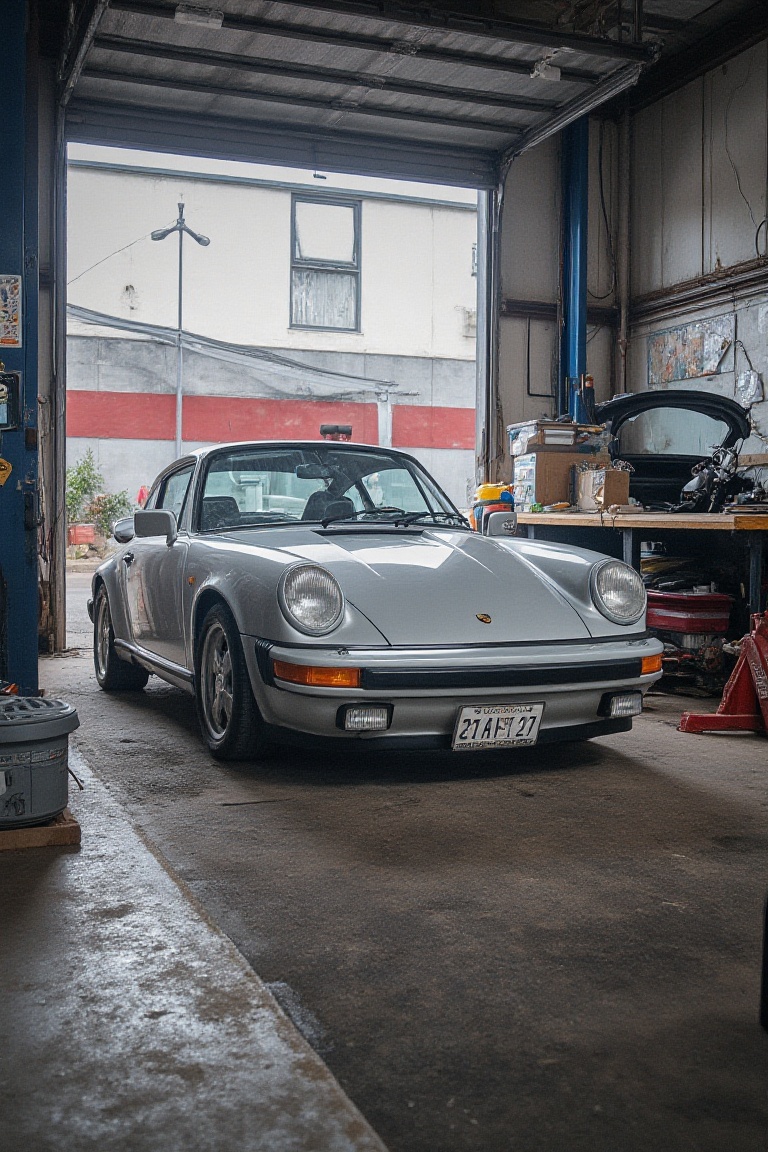 ultra wide angle,  1973 Porsche 993,  in garage workhop on Tensor.Art