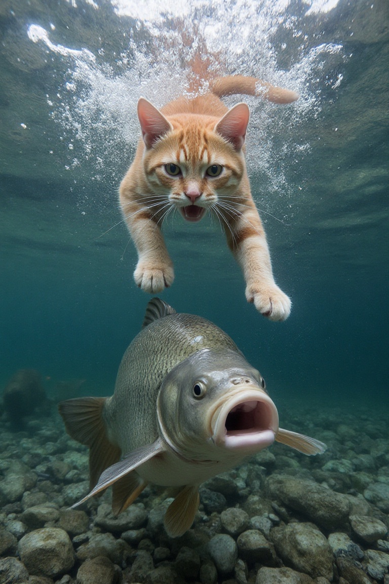 A dramatic hyperrealistic humorous and surreal hyperrealistic underwater shot,  capturing a moment of interaction between...