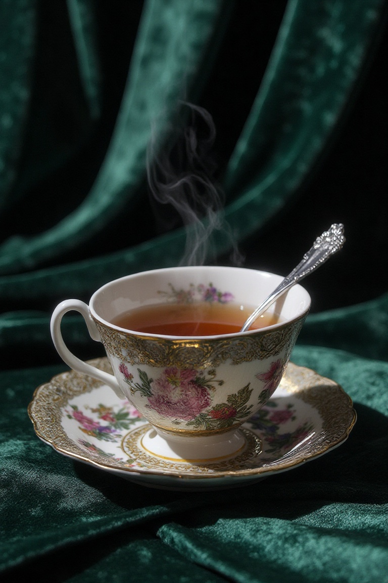 A low-angle macro view focuses closely on an ornate porcelain teacup filled with dark amber tea. Dramatic side lighting fr...