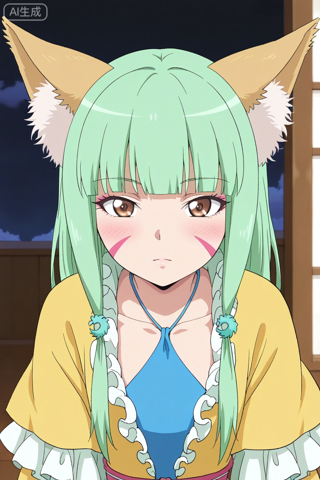 best quality,amazing quality,1girl, solo, brown eyes, green hair, facial mark, animal ears, yellow robe, frilled sleeves,  sash, blue dress,Fox ears,涂山容容,