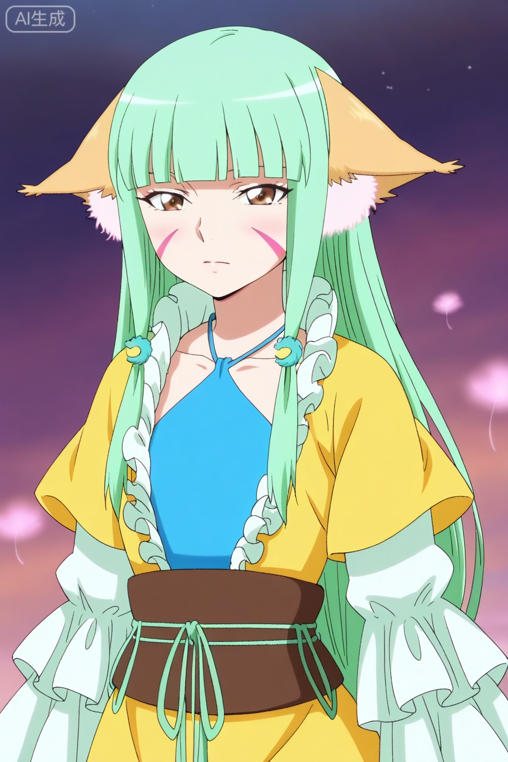 best quality,amazing quality,1girl, solo, brown eyes, green hair, facial mark, animal ears, yellow robe, frilled sleeves,  sash, blue dress,Fox ears,涂山容容,