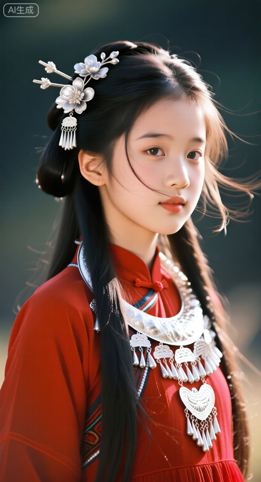 一个电影级别的照片,一个女孩,long hair,她的脸颊两侧的短发被微风吹,半身照,阳光照在脸上,穿着红色连衣裙,头上戴着银发簪花,银发饰物,独特的民族汉服,朦胧的艺术感,富士风格滤镜,电影效果,半身照片,真实照片,