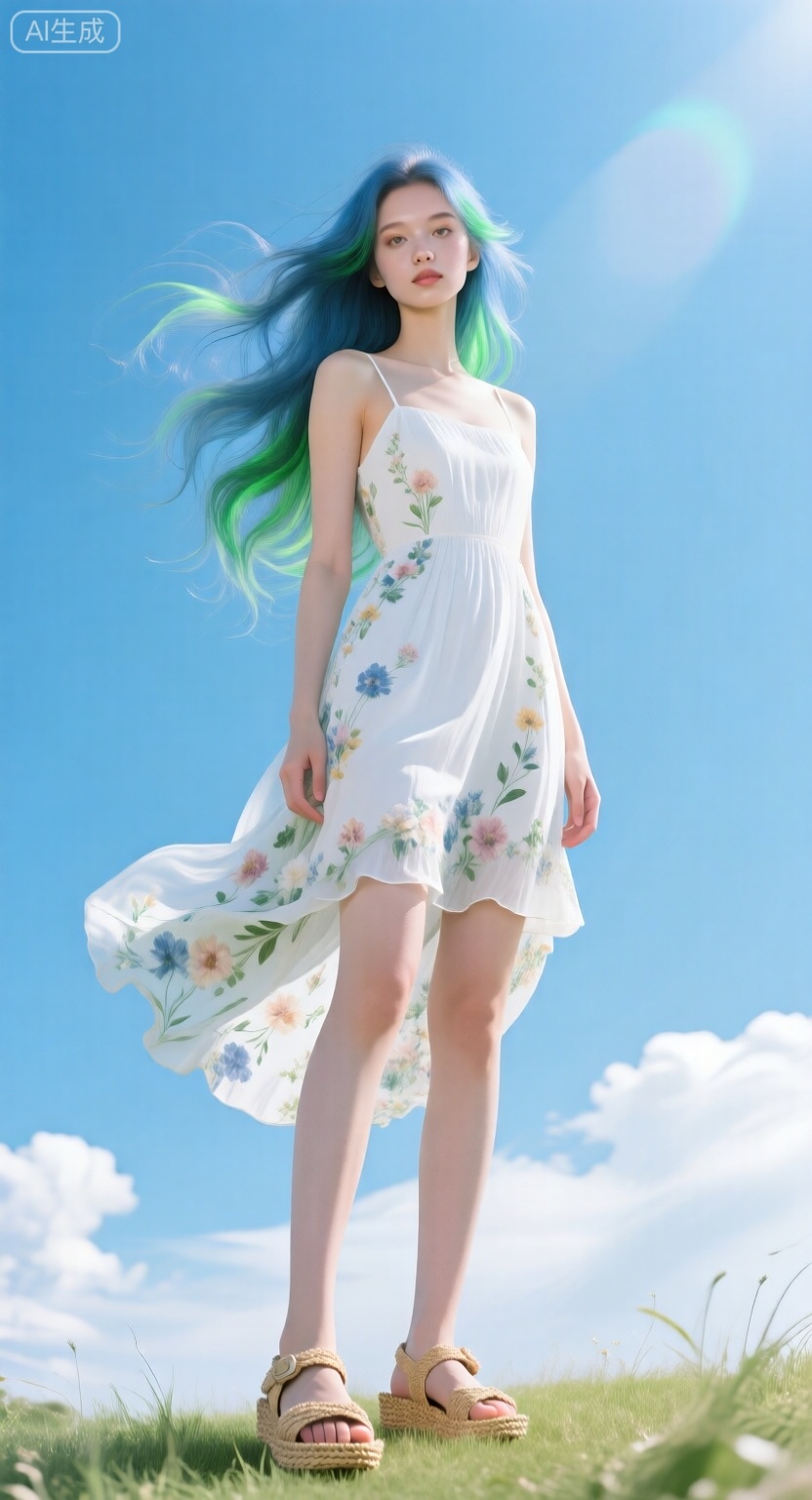 Portrait photography, tall models, delicate three-dimensional facial features, fair skin, long hair draped like a fairy, a floral dress with flowing charm, a pair of straw sandals, fresh pastoral style instantly overflows, legs straight and slender, standing and posing, looking at the camera, natural body curves, full body shot, pure white minimalist background, medium-telephoto lens, low angle upward shot, center offset composition, soft side backlight, silk halo, light and shadow contrast, soft fabric wrinkles details, realistic style, 8K high-definition picture quality, ultra-high detail accuracy, high-level sense, perfect quality, master-level works. This photo is a highly detailed digital artwork depicting an outwardly striking young woman. She has long, tousled blue hair with green highlights that contrast sharply with her naturally pale skin. Her hair looks slightly windswept, adding a sense of dynamism and liveliness to the piece. Her almond-shaped eyes are expressive, and a subtle makeup enhances their natural beauty. She has a delicate, almost ethereal appearance with smooth, flawless skin. She is dressed in a simple white dress, with a bright, clear blue sky in the background dotted with a few fluffy clouds, suggesting an outdoor setting. The lighting is soft and natural, casting gentle shadows on her features. The photo was taken from a low angle while she stands on the grass. This image evokes a sense of serenity and beauty, blending the natural elements of the sky with the vitality and modern aesthetics of the subject.