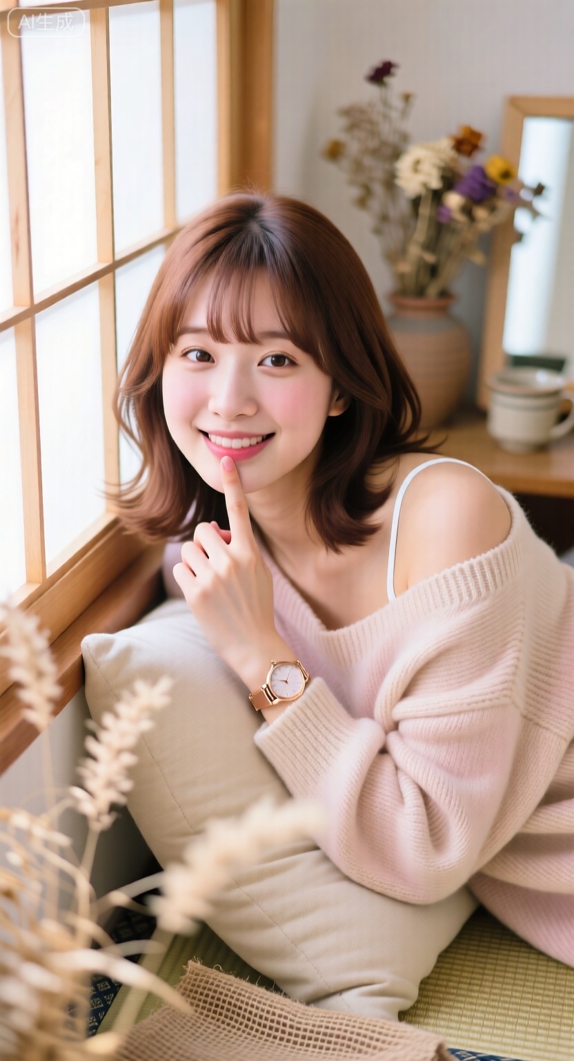 21岁日系女性,栗棕空气刘海与柔内扣中长发,肤色牛奶白少许粉调,眼神纯净带含笑,左手食指轻触下唇,身体微倾靠靠垫；穿淡杏色柔软针织宽领毛衣一侧自然滑落露出精致锁骨,内层白色细肩带若隐,手腕细薄玫瑰金表；室内柔焦日光榻榻米角,木格纸窗透漫射光,后景干花与陶杯模糊；主光左侧纸窗漫射大面积均光,右后放置浅木反光板提升暗侧0.7档,光比约2:1；55mm f/1.4 平视近景,前景虚化一撮干草色麻织物营造层次；构图人物偏右留白呼吸感；色调奶杏+浅木+淡粉,颗粒极轻,氛围温柔清新自然可亲的柔性感。