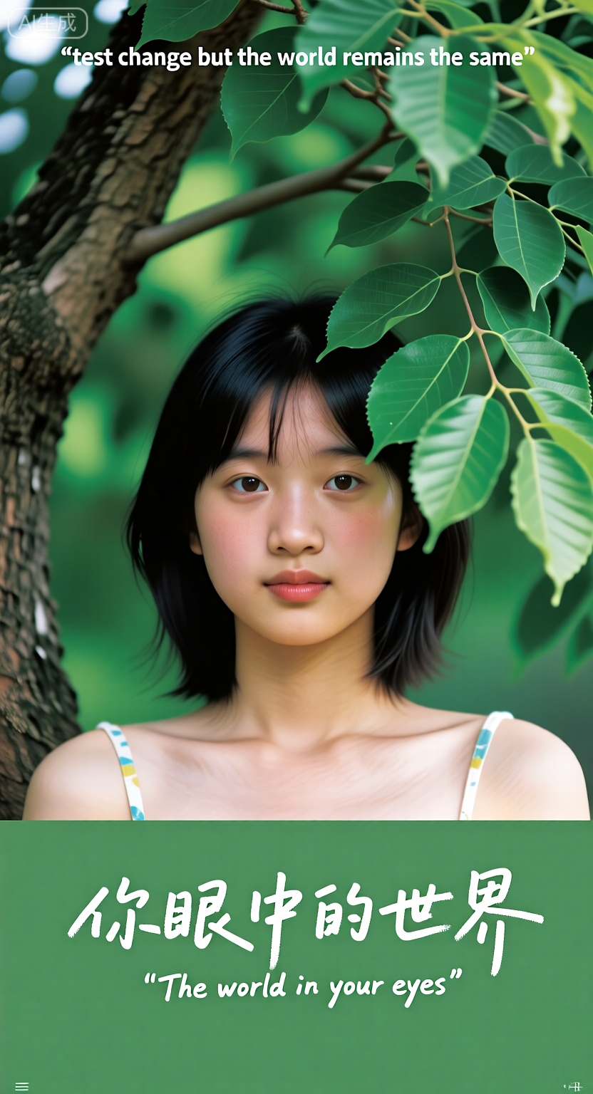 High-resolution film photography,胶片摄影,女孩在绿色树叶的树下,上半身摄影,下方区域手写白色字体写着“你眼中的世界”,最下方则是英文小字写着“The world in your eyes”,画面最上方一排写着“The seasons change but the world remains the same”,