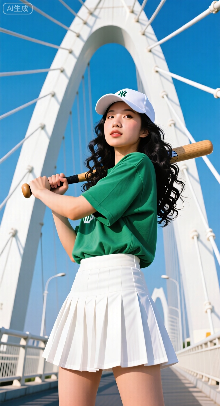 A photo taken from a low angle,wide-angle shot,featuring an Asian woman with long black curly hair,fair skin,delicate and beautiful facial,wearing a green loose T-shirt,a white cotton pleated short skirt,holding a baseball bat,wearing a white baseball cap,on a modern,white,bridge with white cables,against a clear blue sky.