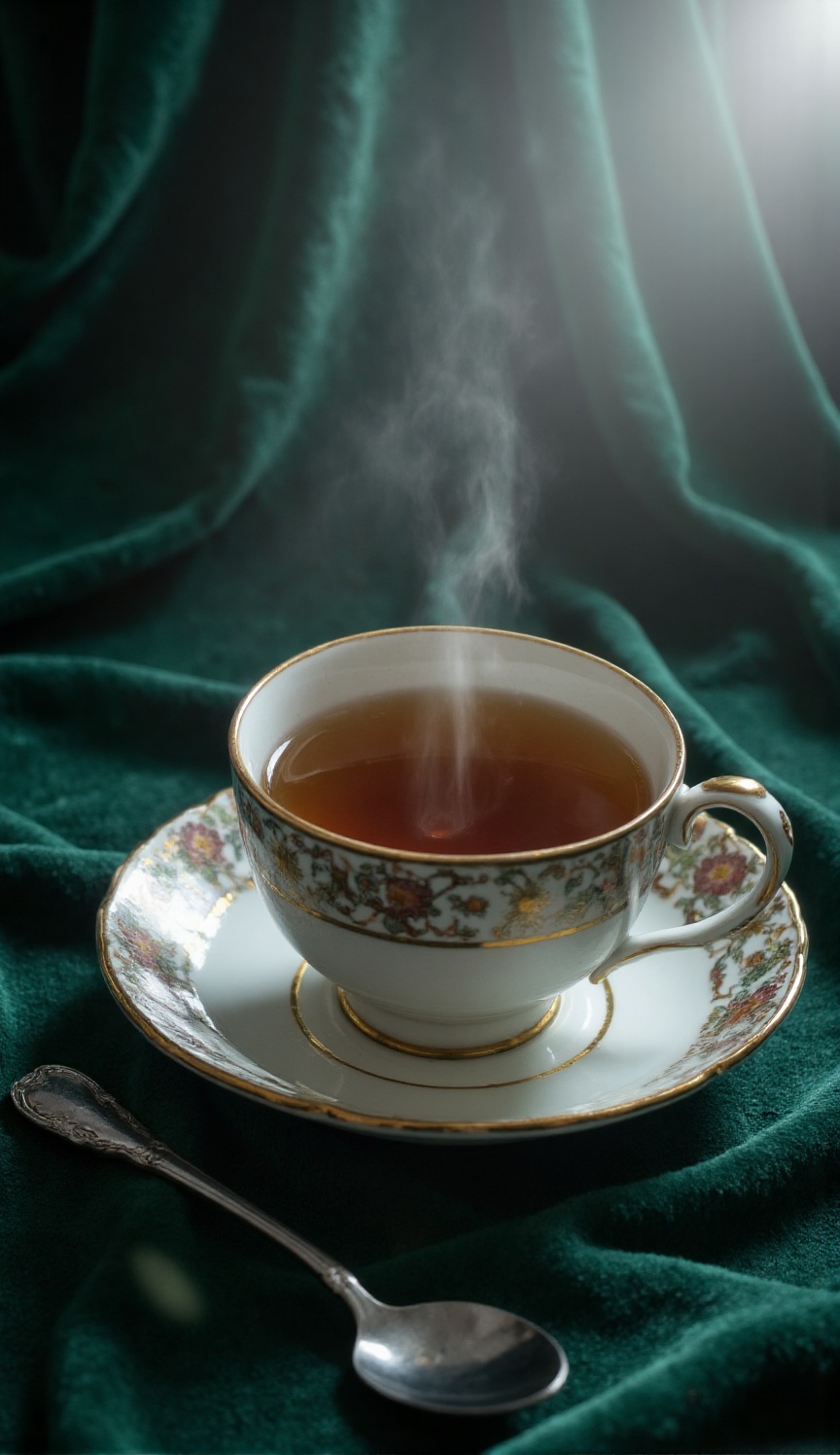 A low-angle macro view focuses closely on an ornate porcelain teacup filled with dark amber tea. Dramatic side lighting fr...