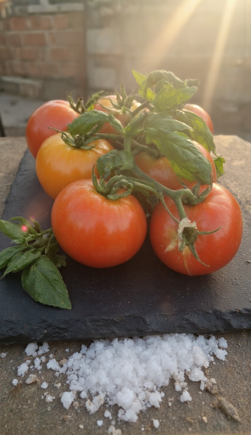 An eye-level straight-on perspective frames an arrangement of ripe heirloom tomatoes and fresh basil on a slate board. Gol...