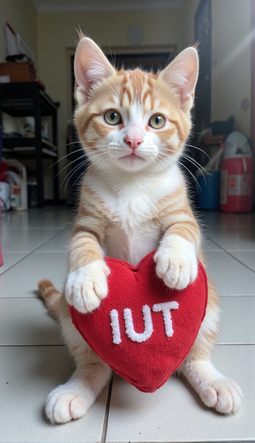 A full shot photography captures an adorable,  small orange and white tabby kitten sitting upright as the central subject...
