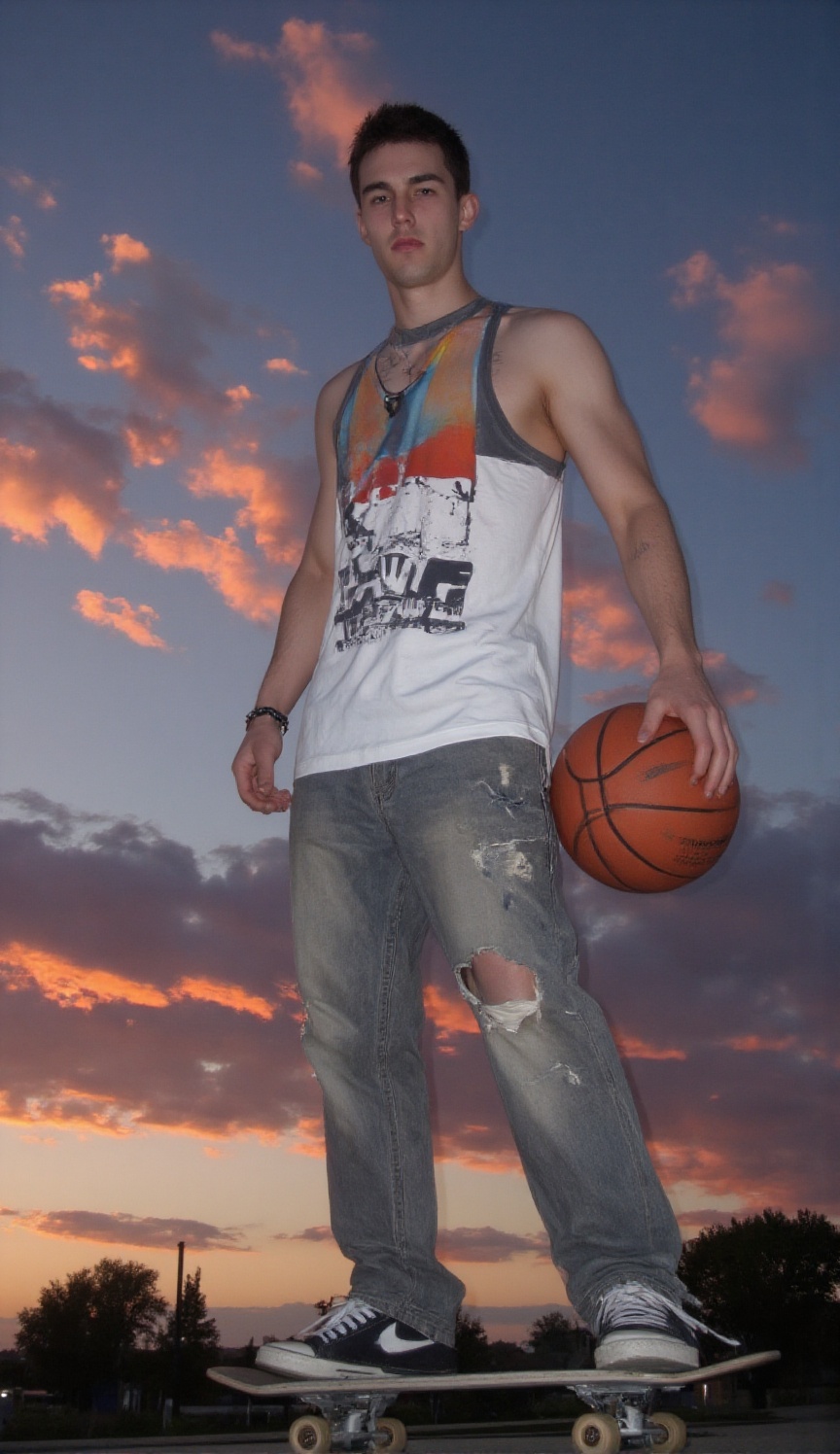 Close-up of a muscular man in a casual outfit,  standing on a skateboard under a backdrop of vibrant sunset clouds,  holdi...