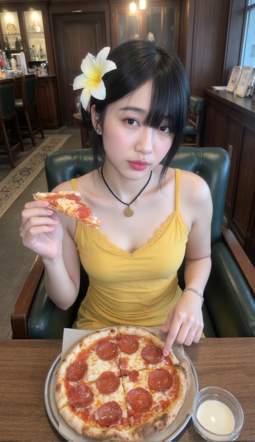 A medium close-up shot captured from a high-angle,  downward perspective offers a clear view of a young East Asian woman s...