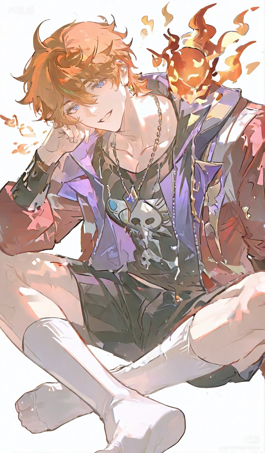 solo, looking at viewer, smile, short hair, bangs, blue eyes, shirt, 1boy, hair between eyes, jewelry, sitting, jacket, male focus, open clothes, shorts, socks, necklace, orange hair, open jacket, muscular, no shoes, black shorts, **** top, pectorals, white socks, red jacket, black **** top, tartaglia \(genshin impact\),Small note art style,dianmei,xiaozhitiao