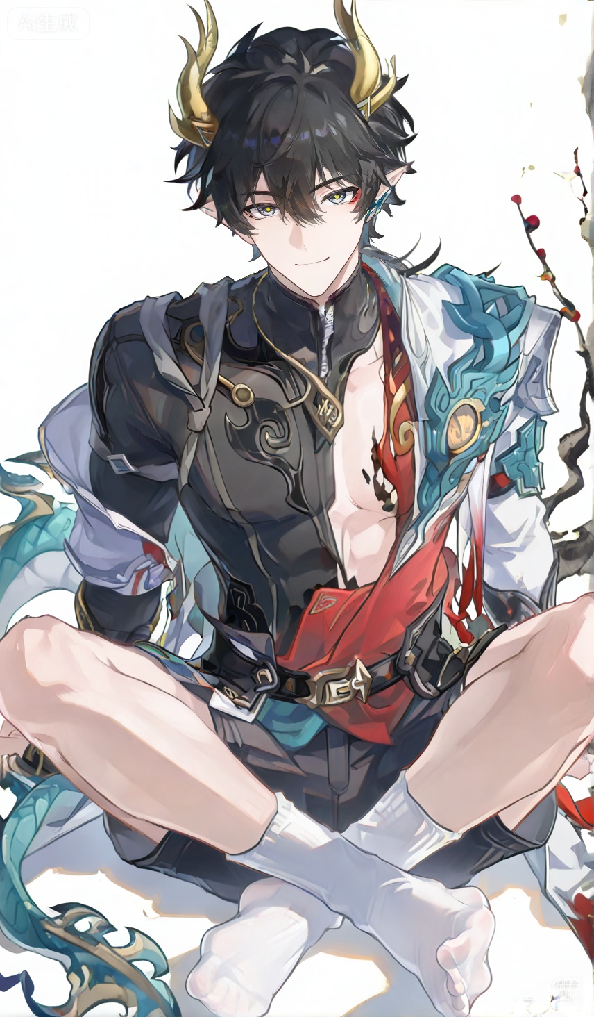 ((solo,looking at viewer,smile,short hair,bangs,blue eyes,shirt,1boy,hair between eyes,jewelry,sitting,jacket,male focus,open clothes,shorts,socks,necklace,open jacket,muscular,no shoes,black shorts,**** top,pectorals,white socks,red jacket,black **** top,Small note art style,))dianmei,xiaozhitiao,dan_heng,Gray eyes,Grey eyes,Green Dragon Tail,dragon horns,pointy ears,ponytail,black hair,long hai