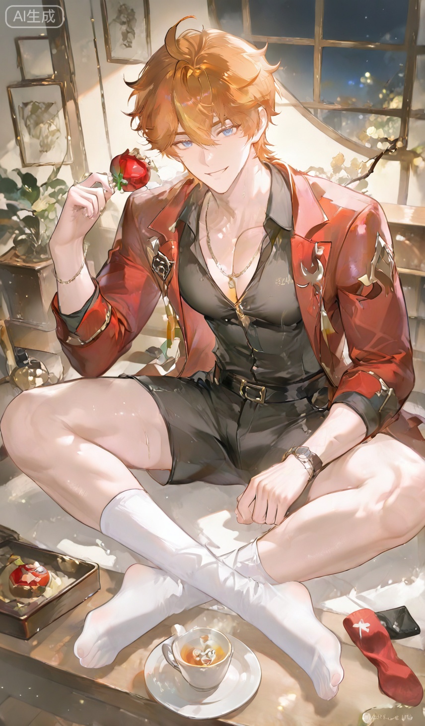 solo, looking at viewer, smile, short hair, bangs, blue eyes, shirt, 1boy, hair between eyes, jewelry, sitting, jacket, male focus, open clothes, shorts, socks, necklace, orange hair, open jacket, muscular, no shoes, black shorts, **** top, pectorals, white socks, red jacket, black **** top, tartaglia \(genshin impact\),Small note art style,dianmei,xiaozhitiao,Yishu