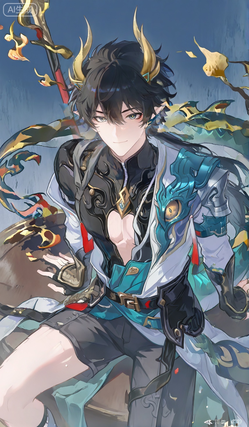 solo,looking at viewer,smile,short hair,bangs,blue eyes,shirt,1boy,hair between eyes,jewelry,sitting,jacket,male focus,open clothes,shorts,socks,necklace,open jacket,muscular,no shoes,black shorts,**** top,pectorals,white socks,red jacket,black **** top,Small note art style,dianmei,xiaozhitiao,dan_heng,Gray eyes,leg loops,Grey eyes,Green Dragon Tail,Black tight fitting clothes,dragon horns,fingerless gloves,pants,belt,pointy ears,horns,earrings,ponytail,gloves,long sleeves,black hair,long hai