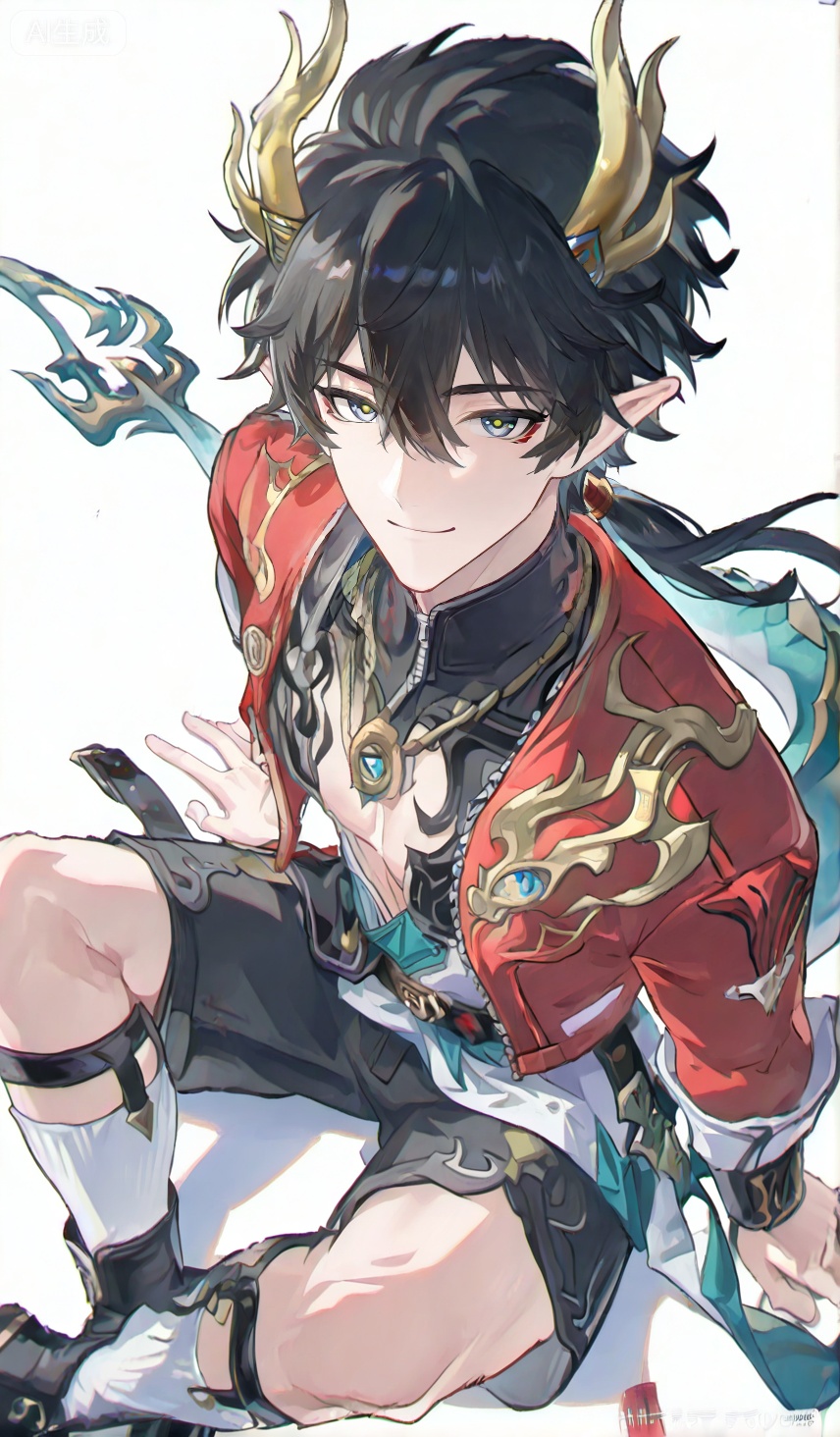 (((solo,looking at viewer,smile,short hair,bangs,blue eyes,shirt,1boy,hair between eyes,jewelry,sitting,((jacket)),male focus,open clothes,((socks)),((necklace)),((open jacket)),muscular,black shorts,**** top,pectorals,white socks,((red jacket)),black **** top,Small note art style,)))


dianmei,xiaozhitiao,dan_heng,Gray eyes,Grey eyes,Green Dragon Tail,dragon horns,pointy ears,ponytail,black hair,long hai