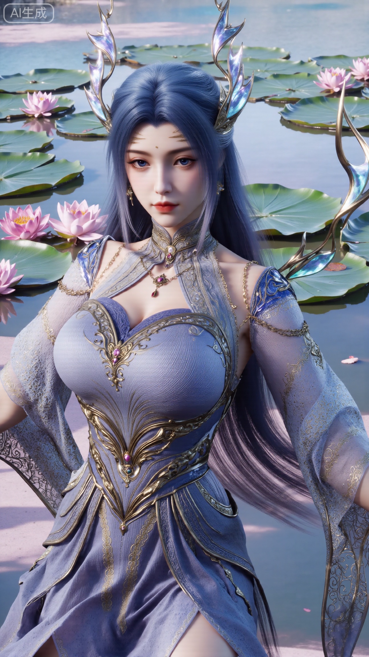 (masterpiece, best quality:1.2),1girl,long hair,flower,blue hair,lily pad,solo,dress,red eyes,sitting,breasts,horns,bare shoulders,lotus,blue dress,water,looking at viewer,medium breasts,pointy ears,detached sleeves,collarbone,cleavage,pink flower,monster girl,,(huge breasts:2.99),(full breasts:2.99),,XbaifengsongyuYH,Xbigbreasts,Xyehuiling,XtangwutongXnb,Xyinyangjiaoshengnv,XmupeilingHongyi,XsiyouyouYH,XkejinnvdiHY,Xbaitianshi,XtangwutongXM