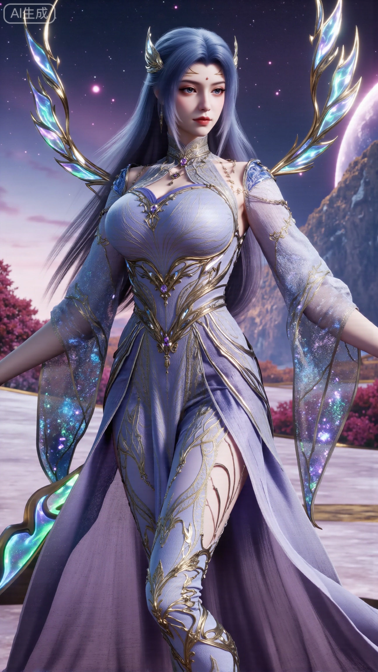 (masterpiece, best quality:1.2),Realistic details, ultra-clear, wallpaper, 8k, masterpiece, masterpiece, best quality, high quality, flowing long hair, exquisite hair accessories, headdresses, cyberpunk electronic luminous clothing, full body multi-luminous line light strips, cyberpunk luminous lines colorful. The sacred light, the cosmic space background, the planets of different colors around, the nebula flows, the stars twinkle, the golden willow branches stretch, holding an earth with both hands, the details of the earth's surface, the texture of mountains, rivers and oceans, the surrounding planets, planets of all sizes, traces of planets orbits, dreamy light and shadow effects.,(huge breasts:2.99),(full breasts:2.99),XbaifengsongyuYH,Xbigbreasts,Xyehuiling,XtangwutongXnb,Xyinyangjiaoshengnv,XmupeilingHongyi,XsiyouyouYH,XkejinnvdiHY,Xbaitianshi,XtangwutongXM,XnvgongjueNB