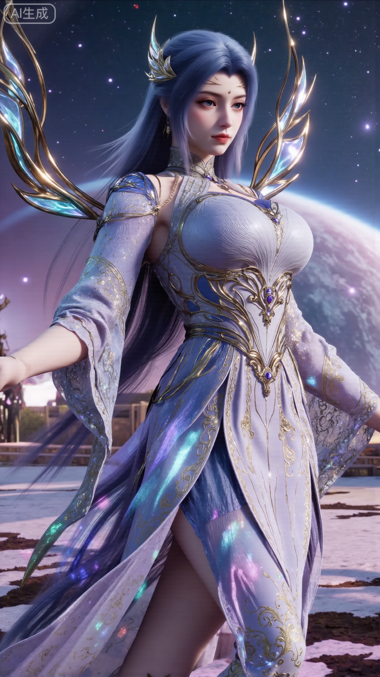 (masterpiece, best quality:1.2),Realistic details, ultra-clear, wallpaper, 8k, masterpiece, masterpiece, best quality, high quality, flowing long hair, exquisite hair accessories, headdresses, cyberpunk electronic luminous clothing, full body multi-luminous line light strips, cyberpunk luminous lines colorful. The sacred light, the cosmic space background, the planets of different colors around, the nebula flows, the stars twinkle, the golden willow branches stretch, holding an earth with both hands, the details of the earth's surface, the texture of mountains, rivers and oceans, the surrounding planets, planets of all sizes, traces of planets orbits, dreamy light and shadow effects.,(huge breasts:2.99),(full breasts:2.99),XbaifengsongyuYH,Xbigbreasts,Xyehuiling,XtangwutongXnb,Xyinyangjiaoshengnv,XmupeilingHongyi,XsiyouyouYH,XkejinnvdiHY,Xbaitianshi,XtangwutongXM,XnvgongjueNB