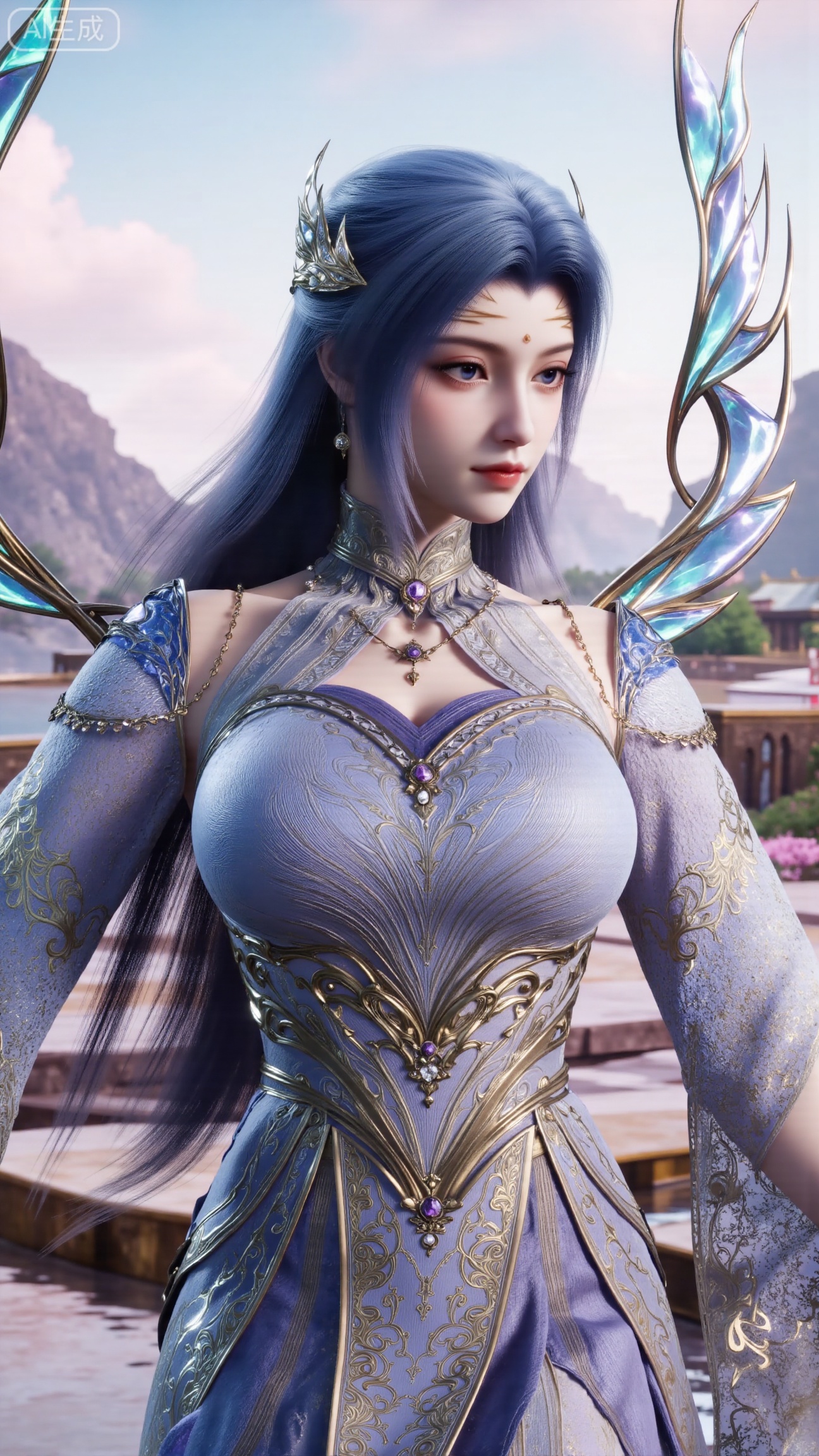  (masterpiece, best quality:1.2),1 girl, solo, long hair, hair accessories, clothing, long dress, jewelry, upper body, earrings. Background is outdoor, sky, clouds, water, trees, architecture, landscape, lantern, mountain, dragon, architecture, bridge, east Asian architecture, fog, pagoda,,(huge breasts:2.99),(full breasts:2.99),,XbaifengsongyuYH,Xbigbreasts,Xyehuiling,XtangwutongXnb,Xyinyangjiaoshengnv,XmupeilingHongyi,XsiyouyouYH,XkejinnvdiHY,Xbaitianshi,XtangwutongXM,XnvgongjueNB