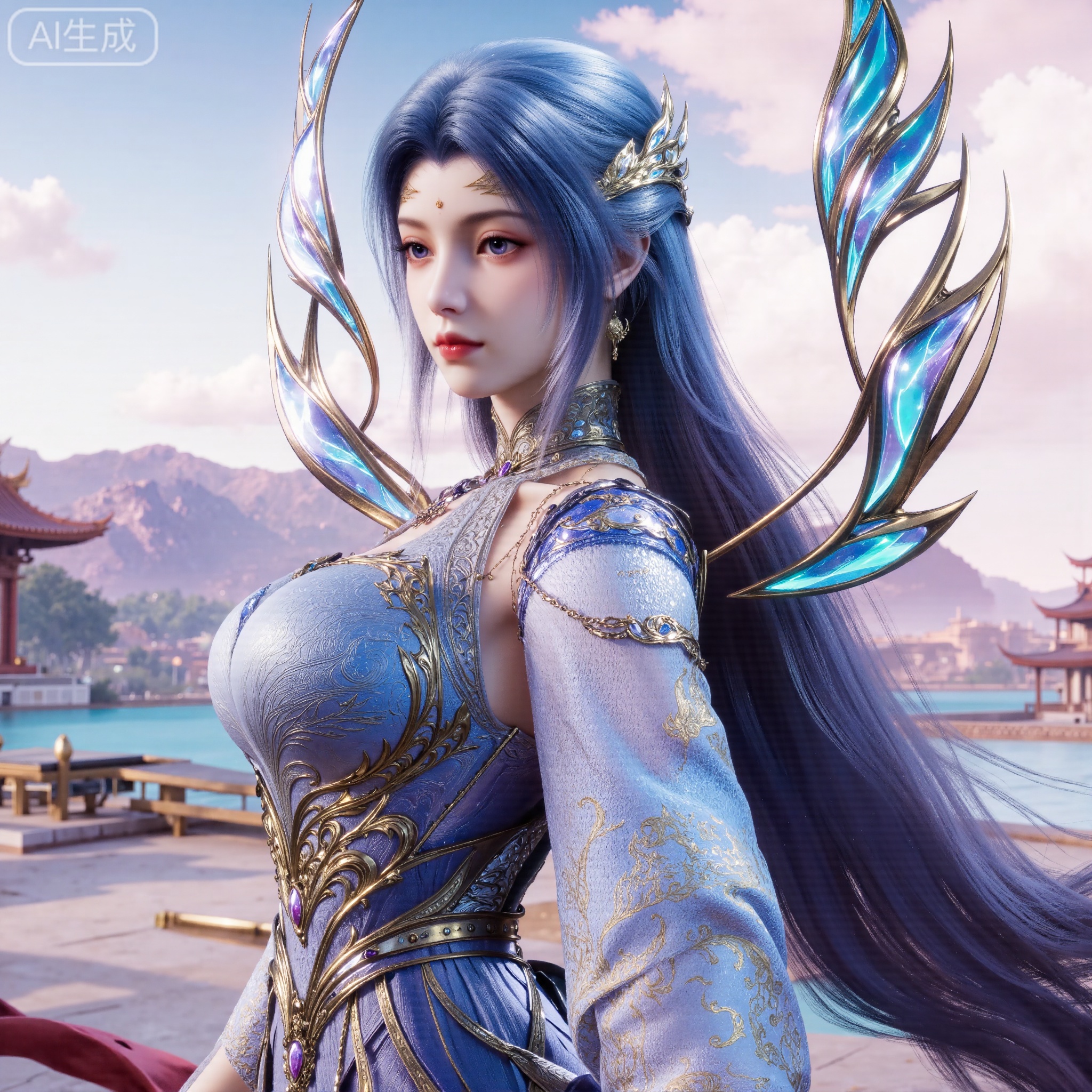  (masterpiece, best quality:1.2),1 girl, solo, long hair, hair accessories, clothing, long dress, jewelry, upper body, earrings. Background is outdoor, sky, clouds, water, trees, architecture, landscape, lantern, mountain, dragon, architecture, bridge, east Asian architecture, fog, pagoda,,(huge breasts:2.99),(full breasts:2.99),,XbaifengsongyuYH,Xbigbreasts,Xyehuiling,XtangwutongXnb,Xyinyangjiaoshengnv,XmupeilingHongyi,XsiyouyouYH,XkejinnvdiHY,Xbaitianshi,XtangwutongXM,XnvgongjueNB,fantasy special effects