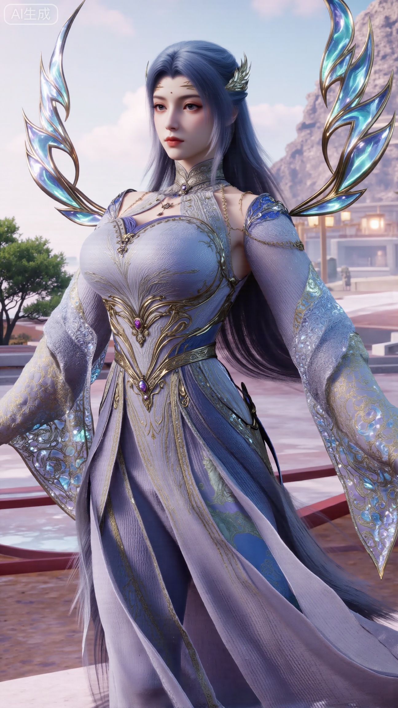  (masterpiece, best quality:1.2),1 girl, solo, long hair, hair accessories, clothing, long dress, jewelry, upper body, earrings. Background is outdoor, sky, clouds, water, trees, architecture, landscape, lantern, mountain, dragon, architecture, bridge, east Asian architecture, fog, pagoda,,(huge breasts:2.99),(full breasts:2.99),,XbaifengsongyuYH,Xbigbreasts,Xyehuiling,XtangwutongXnb,Xyinyangjiaoshengnv,XmupeilingHongyi,XsiyouyouYH,XkejinnvdiHY,Xbaitianshi,XtangwutongXM,XnvgongjueNB