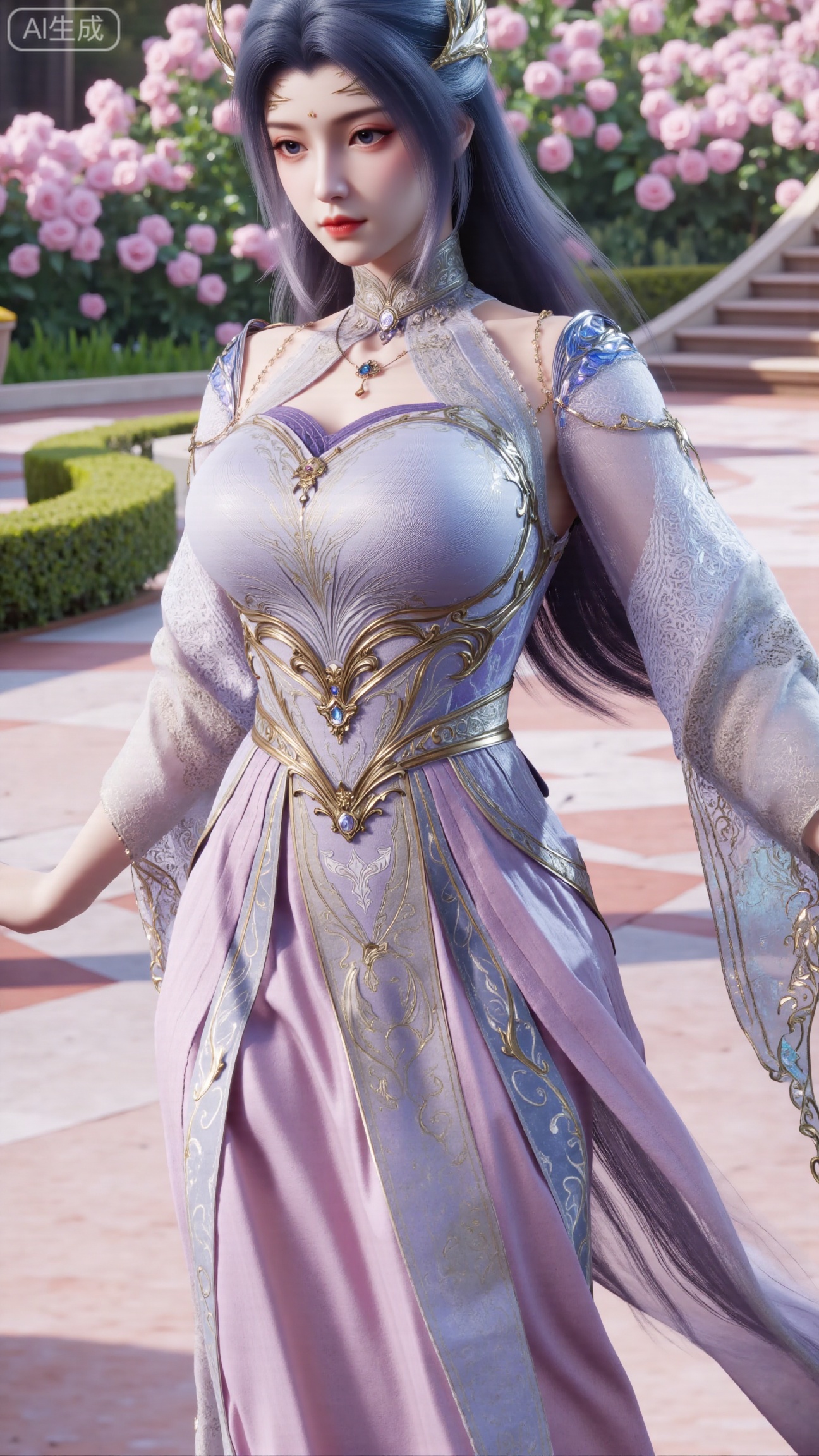 (masterpiece:1.2),best quality,,A woman adorned in traditional Chinese attire,(pink|white long dress,black long hair),featuring a flowing robe with intricate embroidery and floral accents. A garden filled with pink roses and lush greenery. Soft pastel hues of white,blue,and green,creating a serene atmosphere. Photorealistic photography.,(huge breasts:2.99),(full breasts:2.99),XbaifengsongyuYH,Xbigbreasts,Xyehuiling,XtangwutongXnb,Xyinyangjiaoshengnv,XmupeilingHongyi,XsiyouyouYH,XkejinnvdiHY,Xbaitianshi,XtangwutongXM,XnvgongjueNB