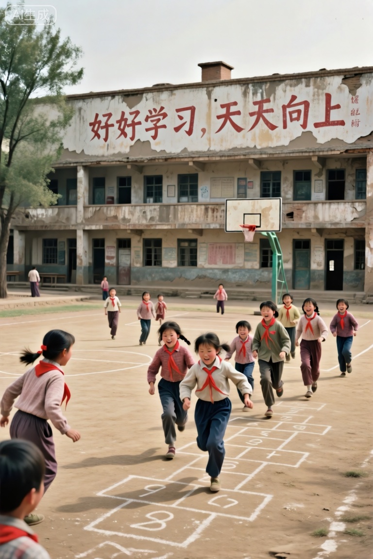 80后童年回忆,一群80年代的小学生,带着红领巾,在黄土操场上追逐嬉戏,地上画着跳房子的格子,破旧的学校,破旧的篮球架,破旧的教室外墙上用红色油漆写着“好好学习,天天向上”几个大字。超清品质,超清分辨率。