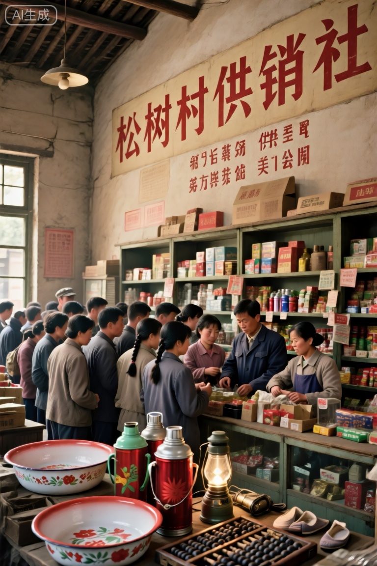 80后童年回忆,供销社的墙上写着松树村供销社几个红色大字 
场景与建筑 
- 供销社内部、老式杂货店、计划经济时代店铺 
人物 
- 排队购物人群、供销社工作人员 
物品陈列 
- 搪瓷盆、暖水瓶、算盘、手电筒、布鞋、货架商品