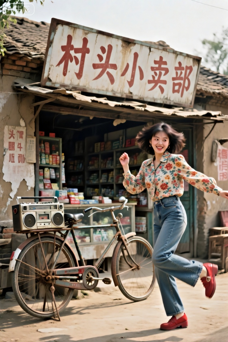 80后童年回忆,80年代農村的小賣部（破舊的樣子）,上面的招牌用白底紅字寫著「村头小卖部」（破舊的樣子）。小賣部前有塊空地,空地上擺一臺二八大槓自行車,自行車看起來有點老舊。自行車上放著一臺80年代的卡式放音機。一位女子留著歐米嘉髮型（英文為flip hairstyle）,身穿大領子的女性花襯衫,牛仔喇叭褲（喇叭褲的褲口特別快寛）,紅色鬆糕鞋。
女子跳起了迪斯可舞步。復古懷舊風格,富士膠捲,32k高清,寫實攝影。
