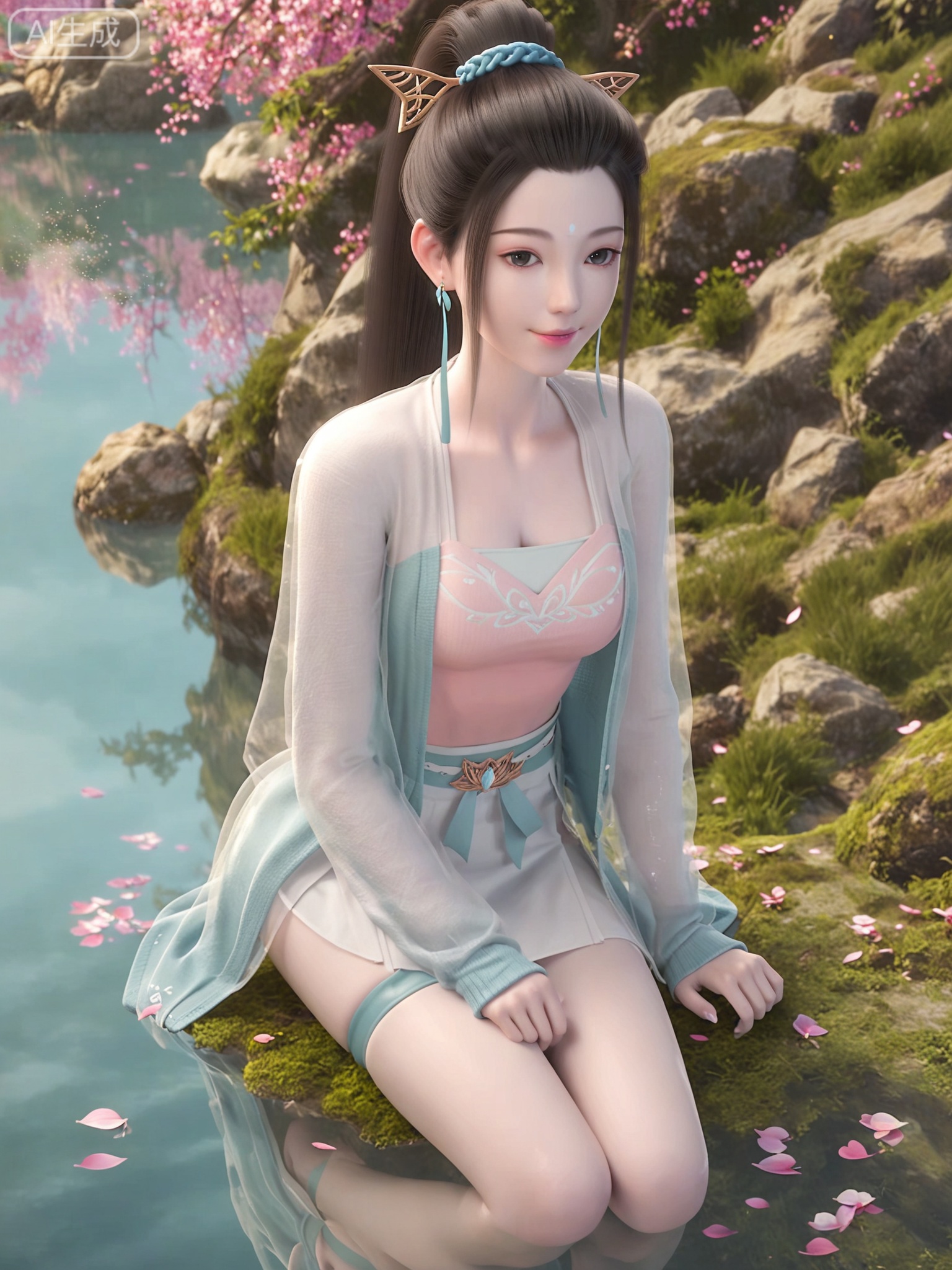 score_9,score_8_up,score_7_up,realistic,photorealistic,1girl,solo,looking_at_viewer,realistic,1girl,Vivid Colors,bright environment,delicate water,hair_ornament,shiny skin,shiny hair,reflection,flower sea,falling petals,extreme detail description,(full body:0.3),black hair,(skindentation:1.3),bright,sunshine on face,light,sitting_down,reflection,leg slimming,lose weight,slim hips,cardigan