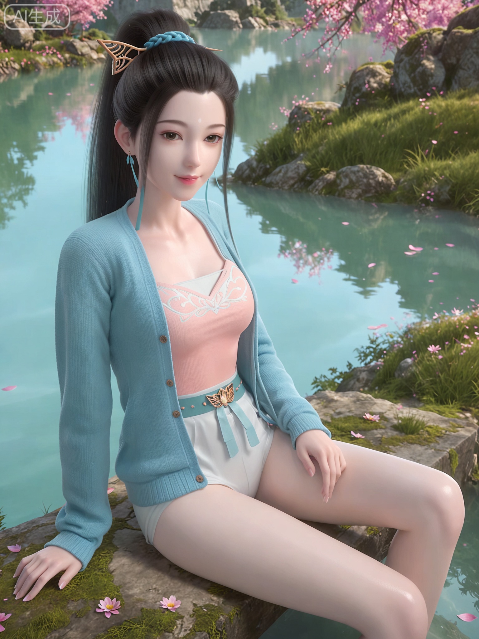 score_9,score_8_up,score_7_up,realistic,photorealistic,1girl,solo,(looking_at_viewer:1.3),realistic,1girl,Vivid Colors,bright environment,delicate water,hair_ornament,shiny skin,shiny hair,reflection,flower sea,falling petals,extreme detail description,(full body:0.3),black hair,(skindentation:1.3),bright,sunshine on face,light,sitting_down,reflection,leg slimming,lose weight,slim hips,cardigan