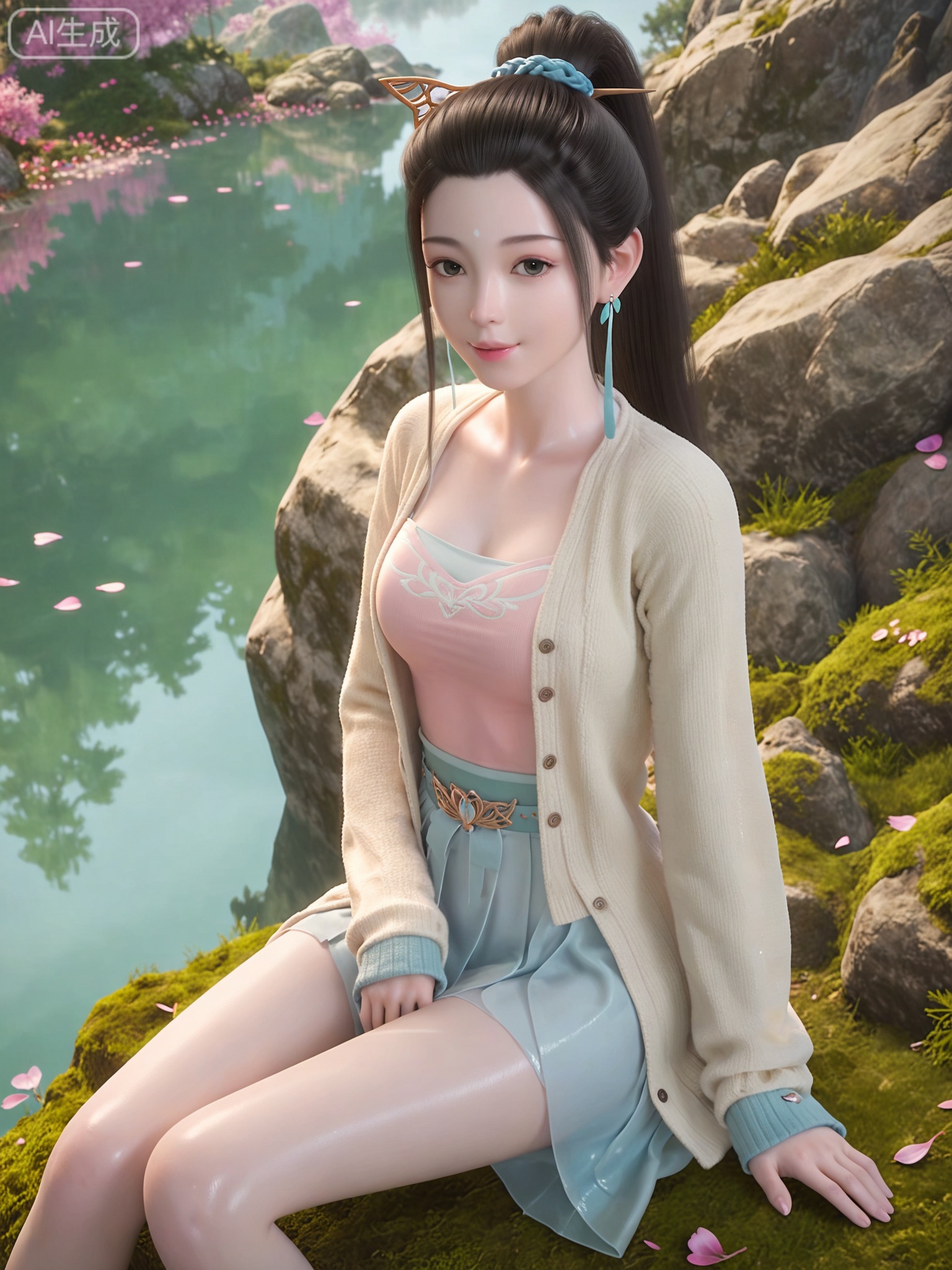 score_9,score_8_up,score_7_up,realistic,photorealistic,1girl,solo,looking_at_viewer,realistic,1girl,Vivid Colors,bright environment,delicate water,hair_ornament,shiny skin,shiny hair,reflection,flower sea,falling petals,extreme detail description,(full body:0.3),black hair,(skindentation:1.3),bright,sunshine on face,light,sitting_down,reflection,leg slimming,lose weight,slim hips,cardigan
