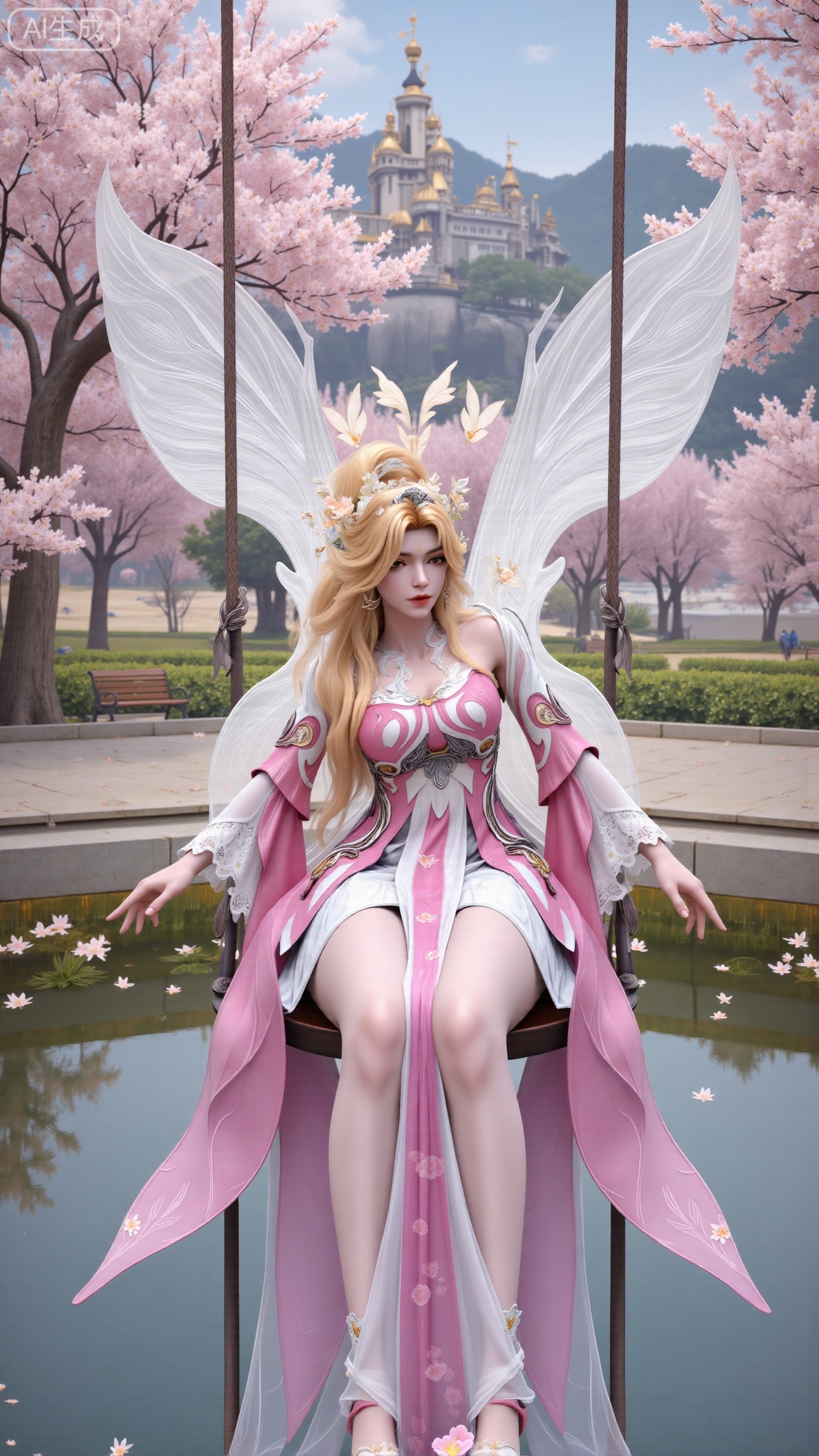 (masterpiece, top quality, best quality, official art, beautiful and aesthetic:1.2),Dynamic posture,(wings,Sitting on the swing:1.39),natural skin texture,(Milky skin:1.2),1gir,solo,Dress, (Long legs, perfect proportions:1.2),(Sakura, butterfly:1.29),(huge breasts:2.99),(full breasts:2.99),castle, waterfall, mountains in the distance,,Xbigbreasts,XbaifengsongyuYH,XzhouzimoH,XliancangH,XmupeilingHongyi,XyinyueX3,Xmaoyibaizhequn,XpikaqiuTX,XmupeulingHY3,XmupeulingHY2,XtangwutongXnb,Xyinyangjiaoshengnv,XsiyouyouYH,XnvgongjueNB,XtangwutongXM,Xtantaizhangmen,XchuyueXM,XhuangjinhuanvziNB