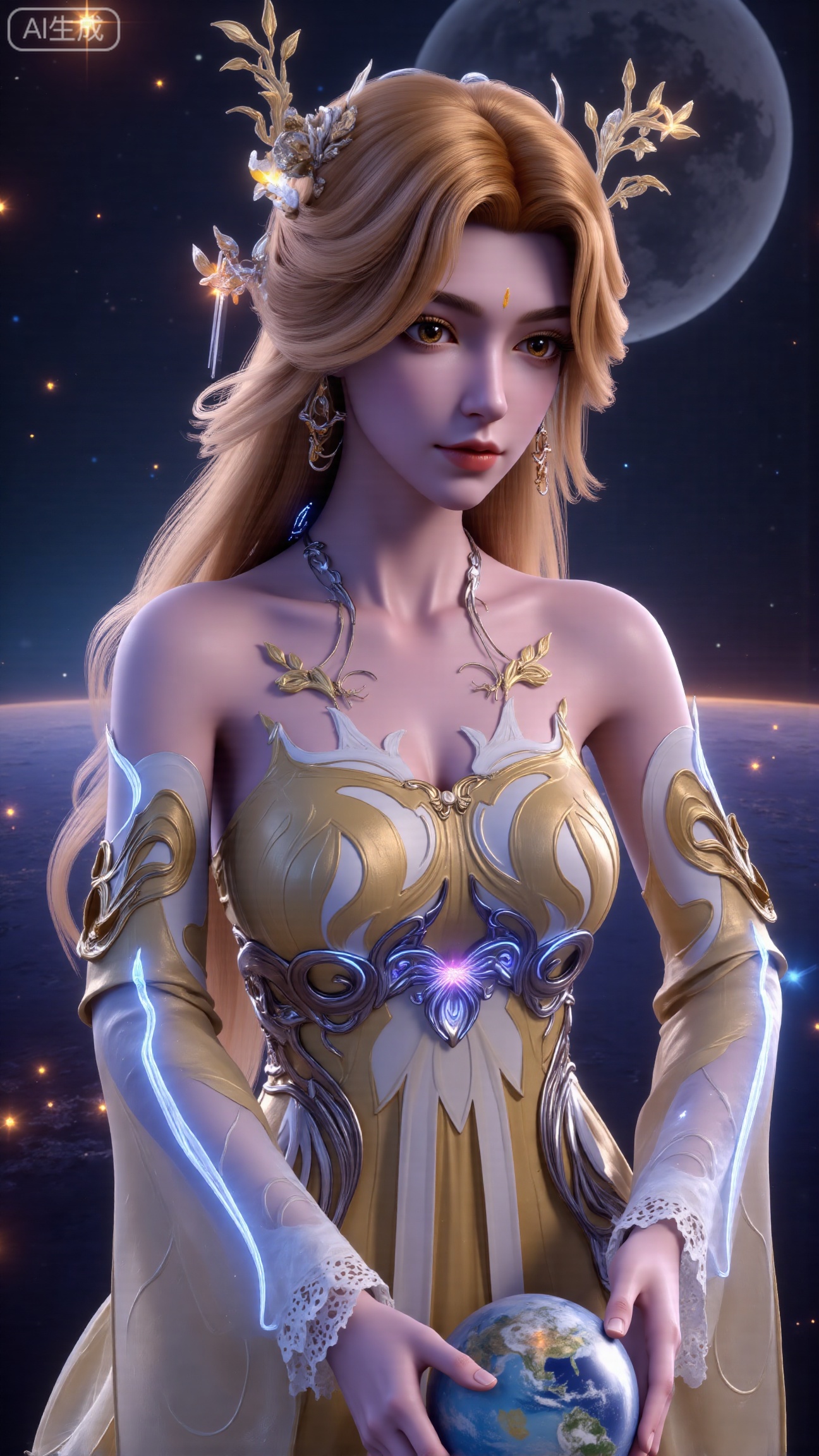 (masterpiece, best quality:1.2),Realistic details, ultra-clear, wallpaper, 8k, masterpiece, masterpiece, best quality, high quality, flowing long hair, exquisite hair accessories, headdresses, cyberpunk electronic luminous clothing, full body multi-luminous line light strips, cyberpunk luminous lines colorful. The sacred light, the cosmic space background, the planets of different colors around, the nebula flows, the stars twinkle, the golden willow branches stretch, holding an earth with both hands, the details of the earth's surface, the texture of mountains, rivers and oceans, the surrounding planets, planets of all sizes, traces of planets orbits, dreamy light and shadow effects.,(huge breasts:2.99),(full breasts:2.99),Xbigbreasts,XbaifengsongyuYH,XzhouzimoH,XliancangH,XmupeilingHongyi,XyinyueX3,Xmaoyibaizhequn,XpikaqiuTX,XmupeulingHY3,XmupeulingHY2,XtangwutongXnb,Xyinyangjiaoshengnv,XsiyouyouYH,XnvgongjueNB,XtangwutongXM,Xtantaizhangmen,XchuyueXM,XhuangjinhuanvziNB