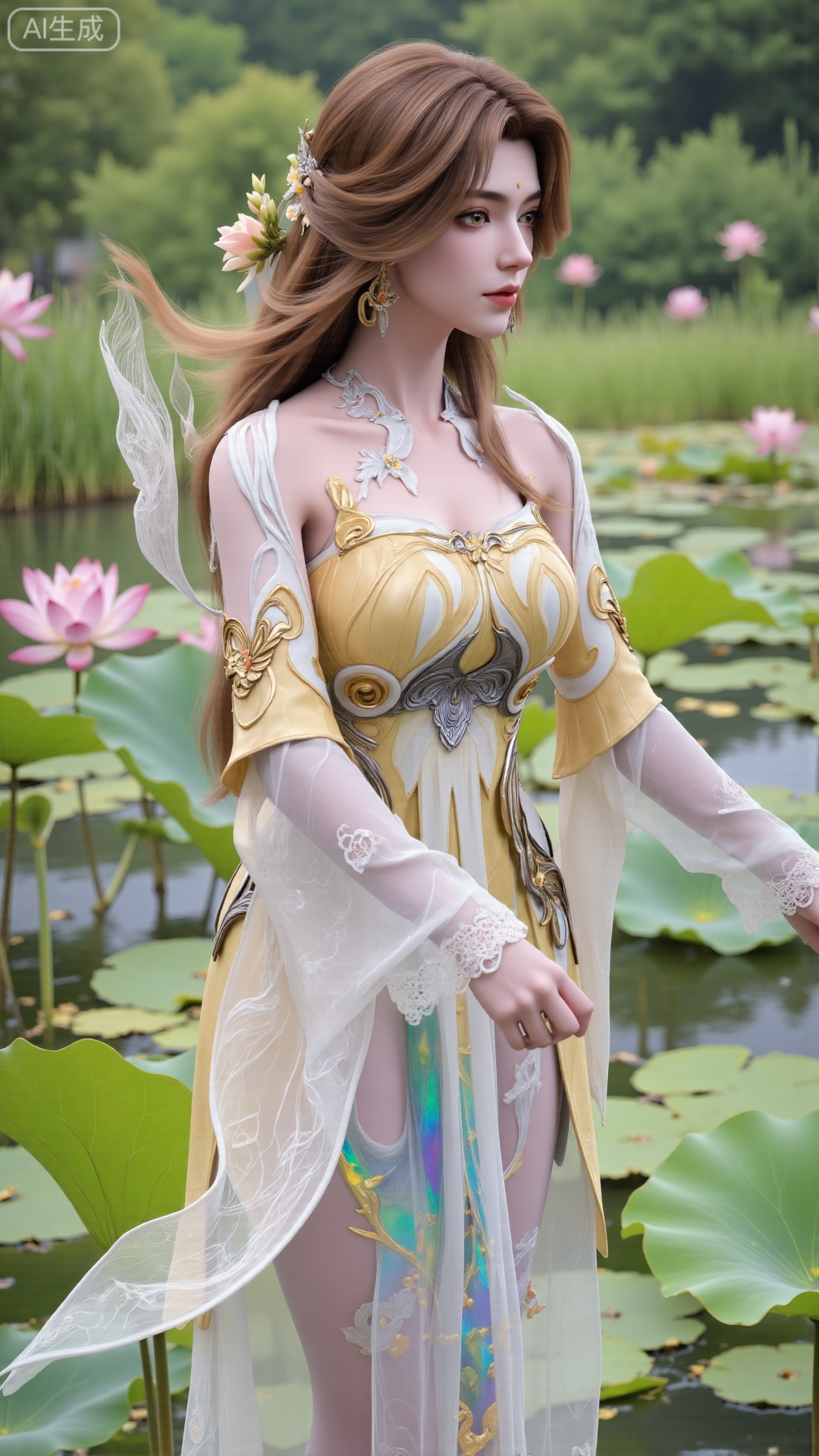 (masterpiece, best quality:1.2),1girl, navel, solo, midriff, bare shoulders, hair ornament,(long hair), red lips, BREAK, (looking at viewer:1.39), chinese clothes,(Holographic Color long dress:1.36), (lace,Rainbow Gradient Color:1.28), BREAK,blurry, solo focus, long hair, lips, daytime, lipstick, outdoors, standing,upper body,(huge breasts:2.89), background, solo, makeup,(Stockings, high heels:1.29),(huge breasts:2.99),(full breasts:2.99),,(Background with lotus pond and lotus flowers:1.39),,,XbaifengsongyuYH,Xbigbreasts,Xyehuiling,XtangwutongXnb,Xyinyangjiaoshengnv,XmupeilingHongyi,XsiyouyouYH,XkejinnvdiHY,Xbaitianshi,XtangwutongXM,XnvgongjueNB,XchuyueXM,Xtantaizhangmen,XhuangjinhuanvziNB
