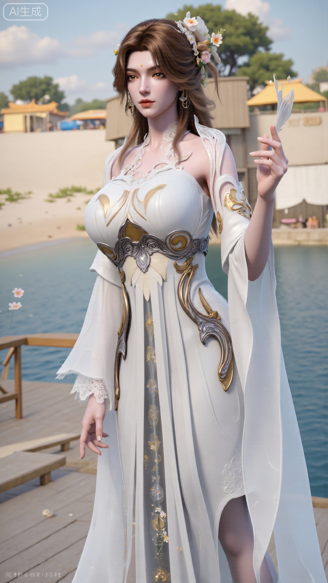 (masterpiece:1.2),best quality,absurdres,masterpiece,original,extremely detailed wallpaper,perfect lighting,(extremely detailed CG:1.2),1girl,solo,standing,looking at viewer,(cowboy_shot:1.1),long hair,high heels,blurry background,depth of field,motion blur,long dress,china_dress,chinese_style,bare shouders,crystal_earrings,headpiece,hair_tie,chest_jewel,gem,necklace,jewelry,in summer,day,outdoors,(nature,sea,flowers,beach:1.59),(huge breasts:2.99),(full breasts:2.99),,XbaifengsongyuYH,Xbigbreasts,Xyehuiling,XtangwutongXnb,Xyinyangjiaoshengnv,XmupeilingHongyi,XsiyouyouYH,XkejinnvdiHY,Xbaitianshi,XtangwutongXM,XnvgongjueNB,XchuyueXM,Xtantaizhangmen,XhuangjinhuanvziNB