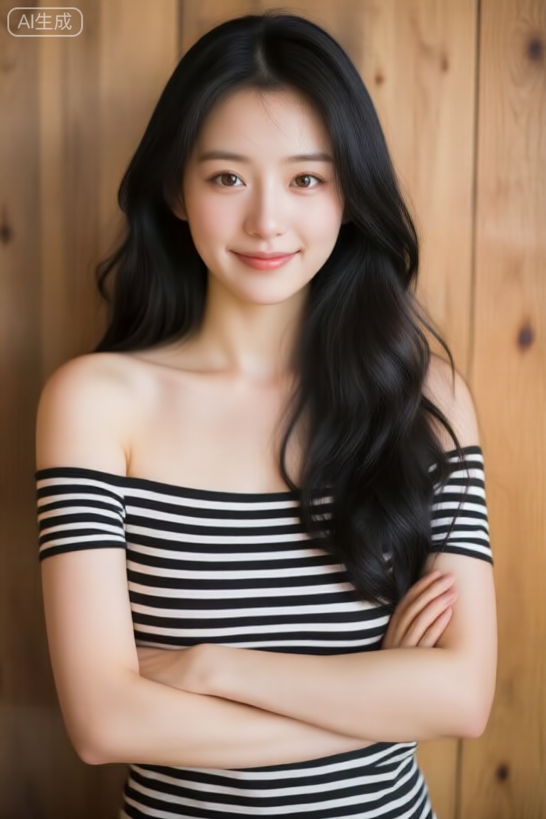 a photo-realistic portrait shoot from a portrait camera angle about a young woman with long black hair and a neutral expression, wearing a striped off-shoulder top, the image also shows a soft, blurred indoor setting with a wooden wall in the background, on the middle of the image, a 20-year-old woman with light skin and long, wavy black hair, who appears to be looking directly at the viewer with a gentle smile, is standing with her arms crossed, she has a slim body, bare shoulders, and is wearing a black and white striped top that shows off her shoulders, her hair is styled in long hair, and her eyes are brown with long eyelashes, she is wearing lipstick, which adds to her natural beauty, the lighting is soft and natural, creating a warm and inviting atmosphere,
