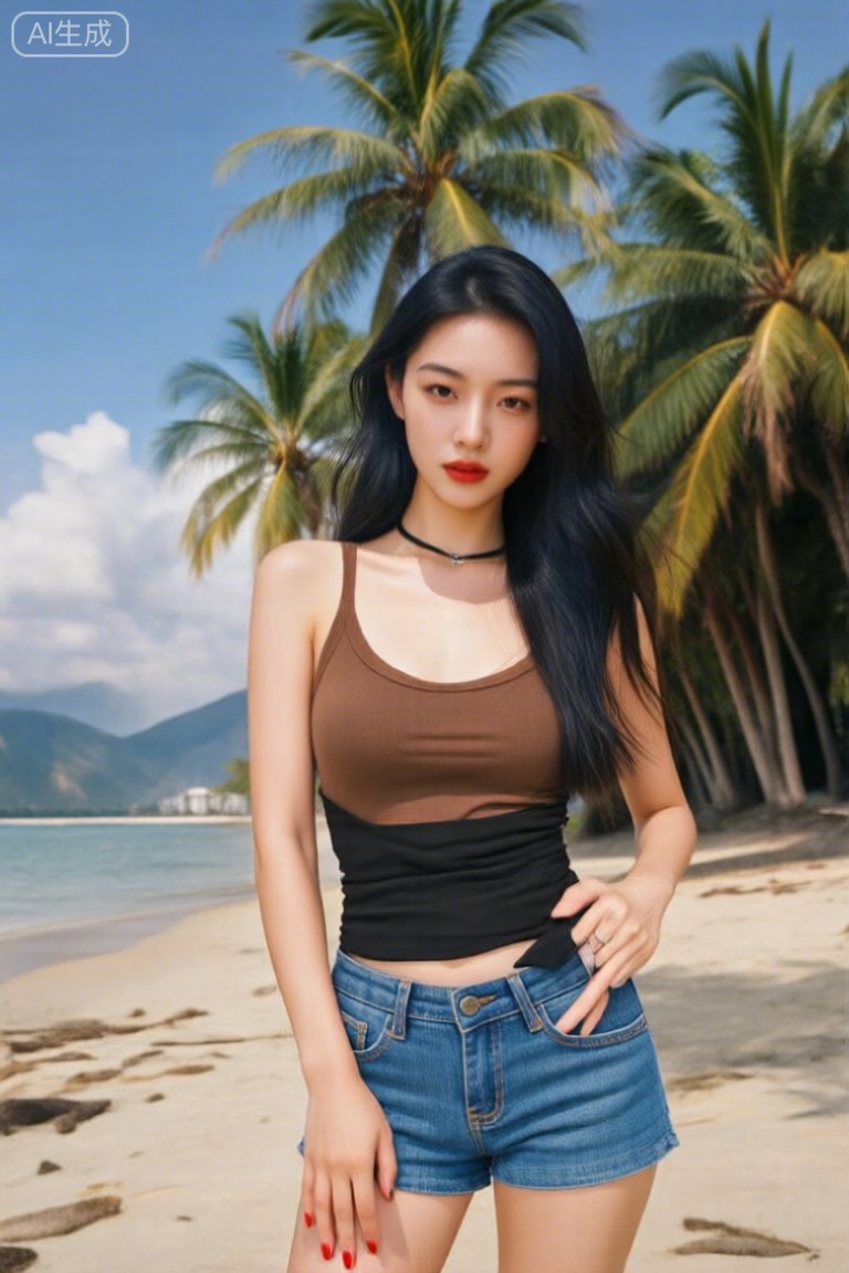 a photo-realistic shoot from a front camera angle about a young woman posing confidently on a tropical beach with palm trees in the background, the image also shows a clear blue sky with fluffy white clouds and distant mountains in the distance, on the middle of the image, a 20-year-old woman with light skin and long black hair, who appears to be in her early twenties, is standing with one hand on her hip and the other resting on her thigh, looking directly at the viewer with a neutral expression, she has a slim body and is wearing a brown **** top and blue denim shorts, with a black belt around her waist, her hair is styled in a long hair style, and she has brown eyes that are looking straight into the camera, her facial expression is neutral, and her lips are painted with red lipstick, she is wearing no shoes, no accessory, and no pants,
