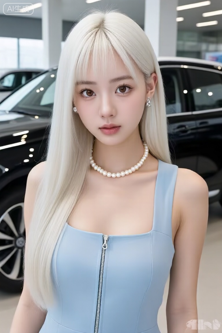 a photo-realistic shoot from a portrait camera angle about a young woman with long, straight, platinum blonde hair wearing a light blue sleeveless dress with a zipper down the front, adorned with a pearl necklace, the woman, who appears to be in her early twenties, is positioned in the middle of the image, looking directly at the camera with a neutral expression, she has large, expressive brown eyes and is wearing a pair of silver earrings, her hair is styled in a long hair style with bangs framing her face, the background shows a modern car dealership with a black car parked in the background, and the lighting is bright and even, the image also features a watermark in the bottom right corner,
