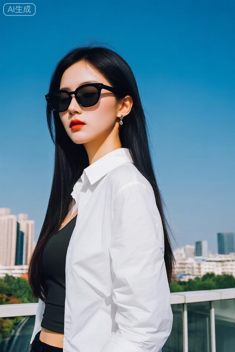a photo-realistic shoot from a portrait camera angle about a young woman with long black hair wearing sunglasses and a white shirt, posing confidently outdoors against a clear blue sky, the image also shows a cityscape with buildings in the background, on the middle of the image, a 20-year-old asian woman with light skin appears to be looking directly at the camera with a neutral expression, wearing a white button-up shirt with a black top underneath, she has long, straight black hair and is wearing a pair of black sunglasses, her eyes are closed, and her lips are painted with red lipstick, she is wearing earrings and has a slim body, her hair is styled in a long hair style, and she has a serious expression, the woman is standing in front of a modern building with a balcony in the foreground, and the background is a bright blue sky with some greenery,

