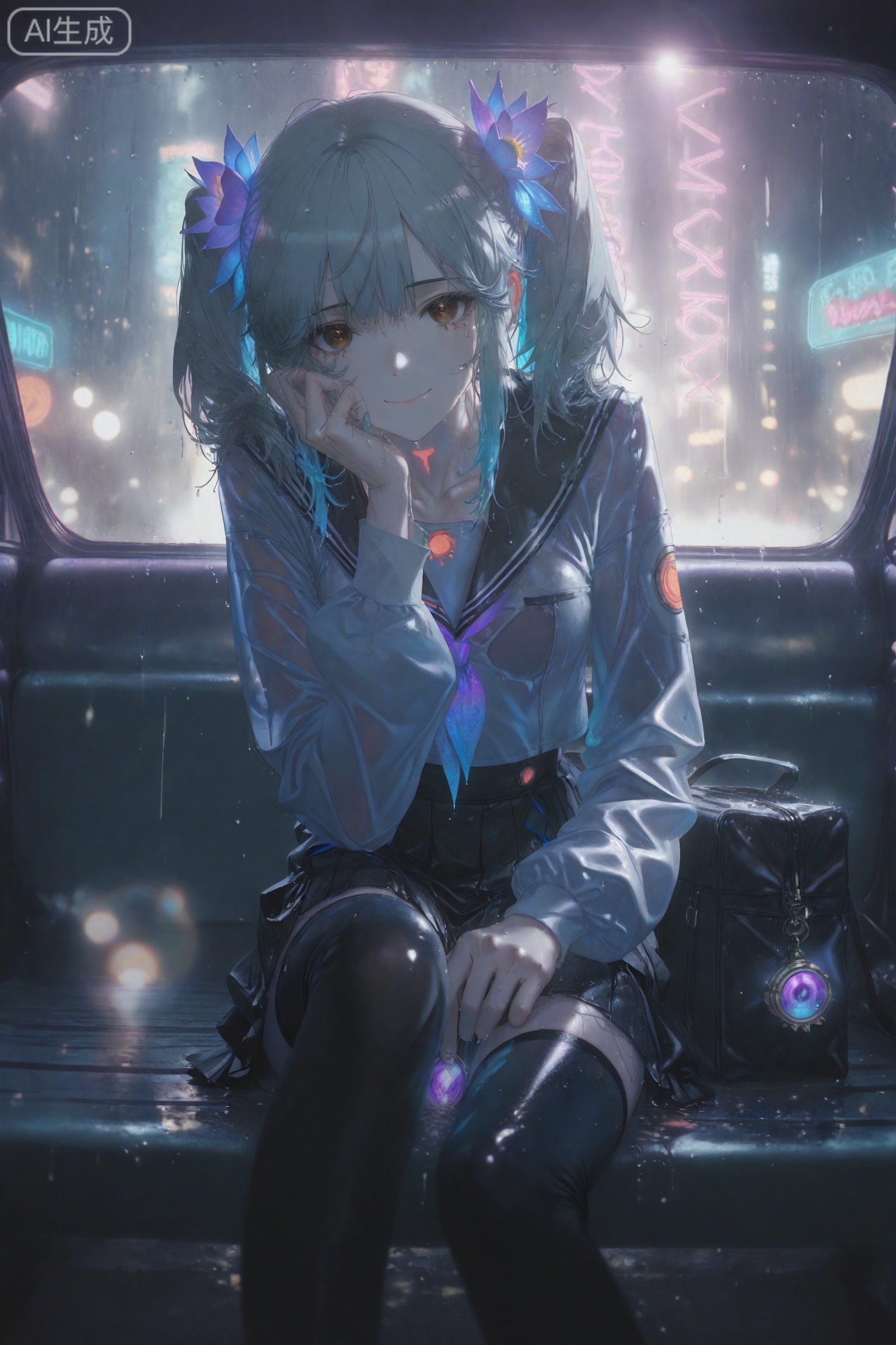 1girl,solo,thighhighs,twintails,black thighhighs,grey hair,looking at viewer,hair ornament,bangs,black skirt,smile,long sleeves,hair flower,hand on own face,closed mouth,school uniform,pleated skirt,brown eyes,sitting on wet bench,rainy neon city night,glowing purple/blue/red neon signs,reflections on window,car light trails,luxury boutique display,raindrops on glass,wet hair strands,cyberpunk aesthetic,high contrast,depth of field,lens flare,(visual impact:1.4),masterpiece,absurdres,32K UHD,sharp focus,(artist:quasarcake:0.8),(wlop:0.6),wanke,rella,vibrant color splash,cinematic rain,