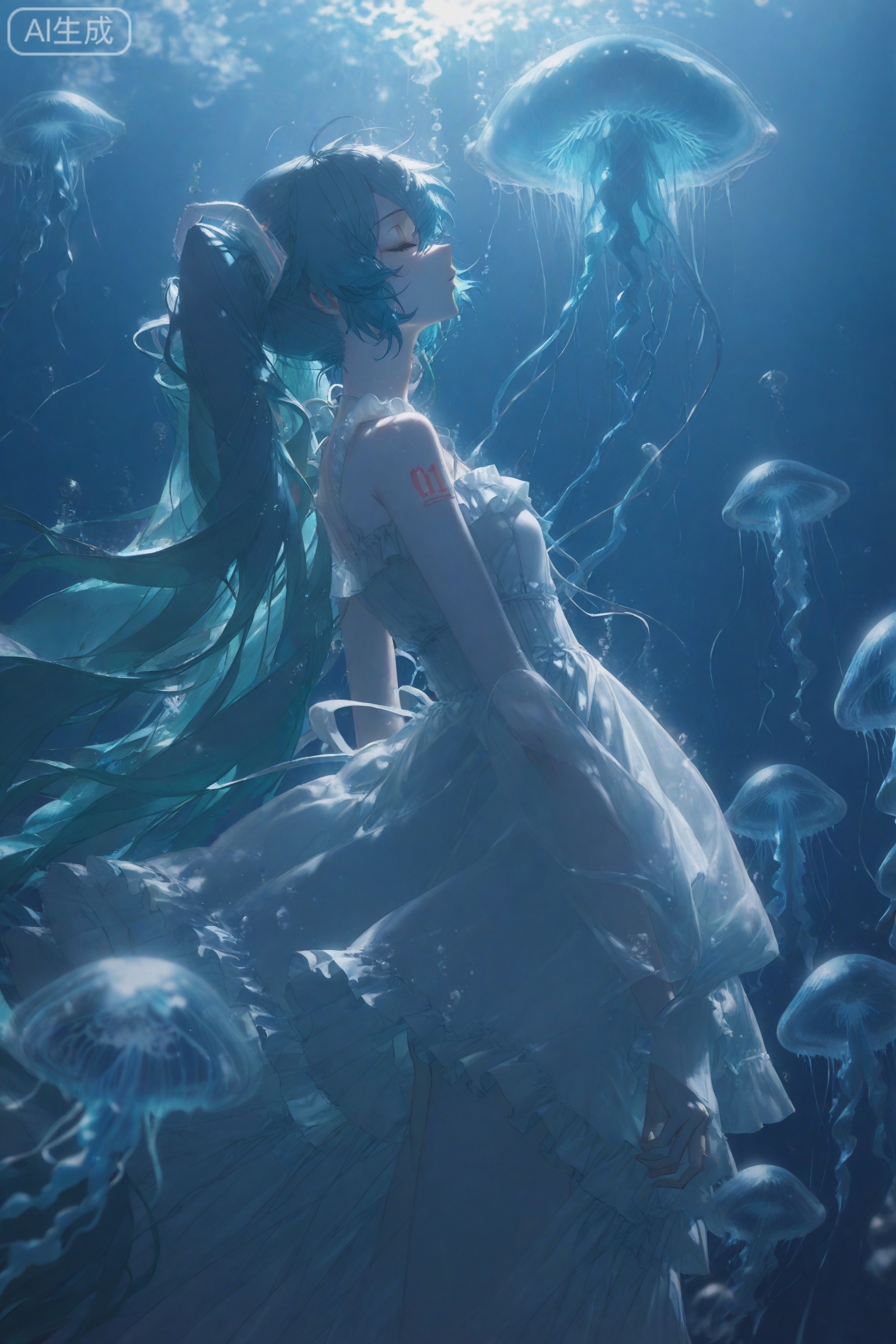 1girl,jellyfish,long hair,hatsune miku,dress,very long hair,twintails,solo,underwater,white dress,closed eyes,bubble,blue theme,blue hair,from side,bare shoulders,air bubble,aqua hair,frills,frilled dress, //,depth of field,(artist:quasarcake:0.8),extreme aesthetic,(wlop:0.6),wanke,rella,masterpiece,best quality,newest,very aesthetic,absurdres,best quality,masterpiece,(Visual impact:1.2),impactful picture,splash of color,movie perspective,masterpiece,best quality,amazing quality,very aesthetic,absurdres,best quality,(artist:quasarcake:0.8),very aesthetic,masterpiece,Emotionalization masterpiece,unconventional supreme,masterful details,